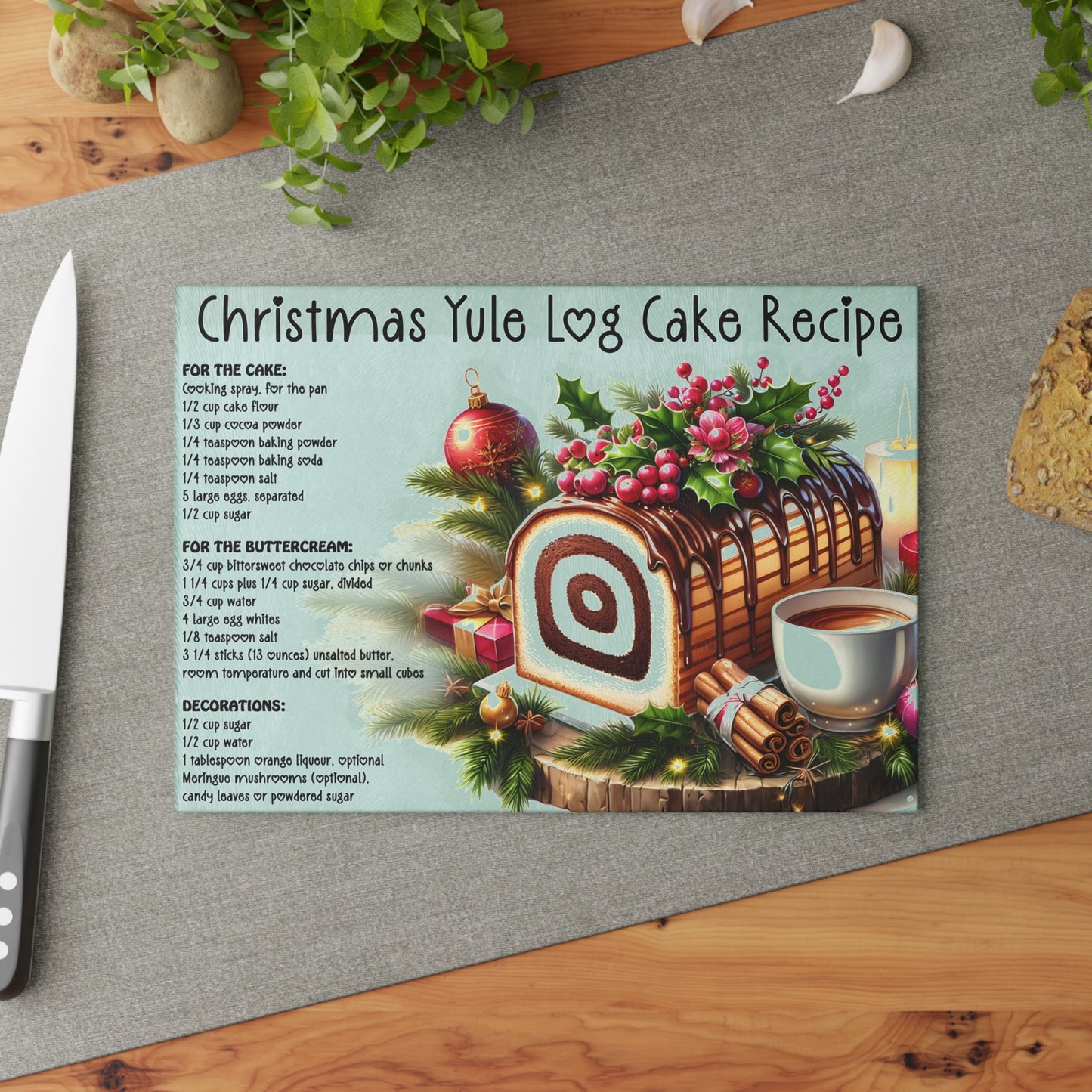 🎄🍰 Christmas Yule Log Cake Recipe Cutting Board – Festive Recipe Art for Your Holiday Kitchen