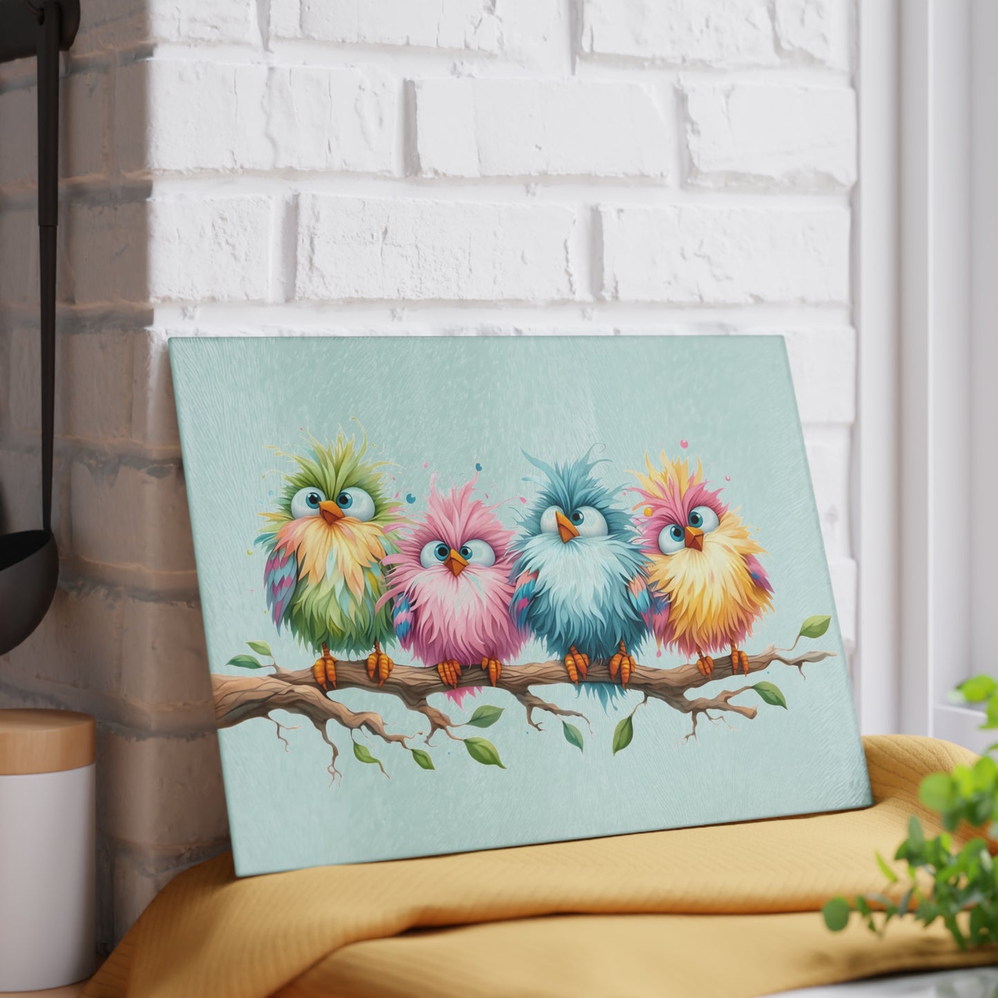 Tabla de cortar - Diseño pastel de pájaros esponjosos - Rosa rosa única en un campo de margaritas, Regalo único, Tabla de cortar de vidrio, Tabla de charcutería, Tabla de cortar personalizada, Flores