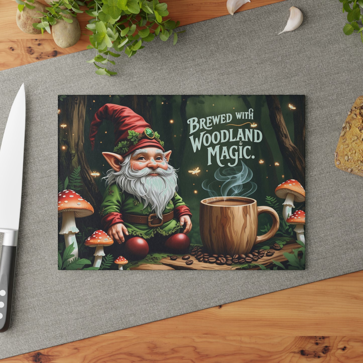 🍄☕ Brewed with Woodland Magic Gnome Cutting Board – Enchant Your Kitchen 🍄☕
