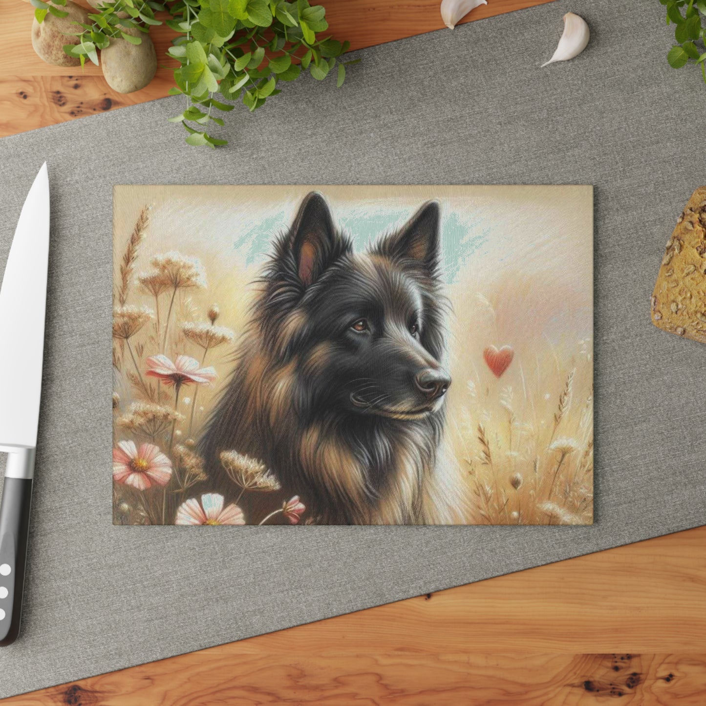 🐾 German Shepherd Meadow Cutting Board – Romantic Pet Tribute with Soft Florals & Golden Light 🌸❤️