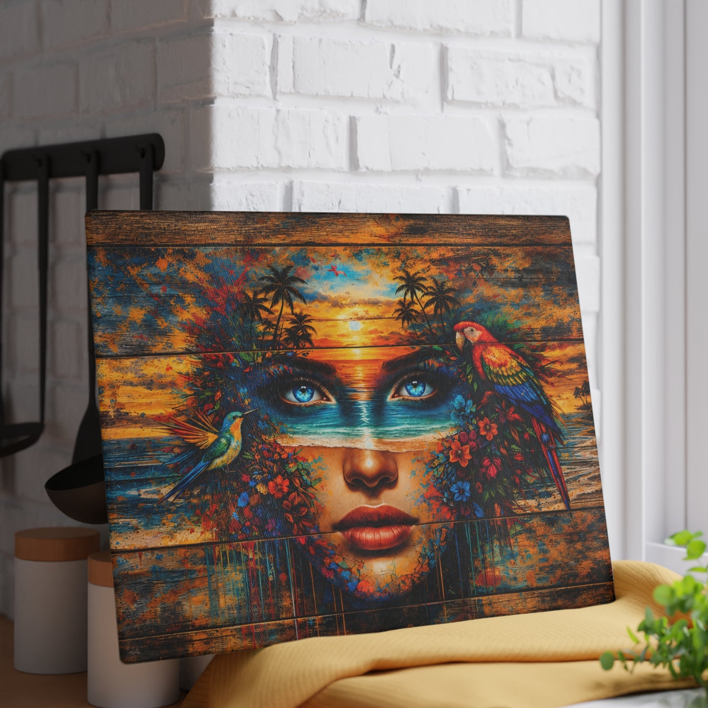 Surreal Coastal Muse Glass Cutting Board – Stained-Glass-Inspired Tropical Art Kitchen Decor
