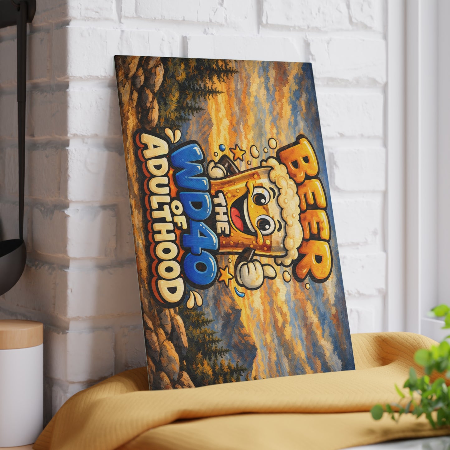 Funny Beer Glass Cutting Board – “Beer Is the WD40 of Adulthood” Mountain Humor Kitchen Decor