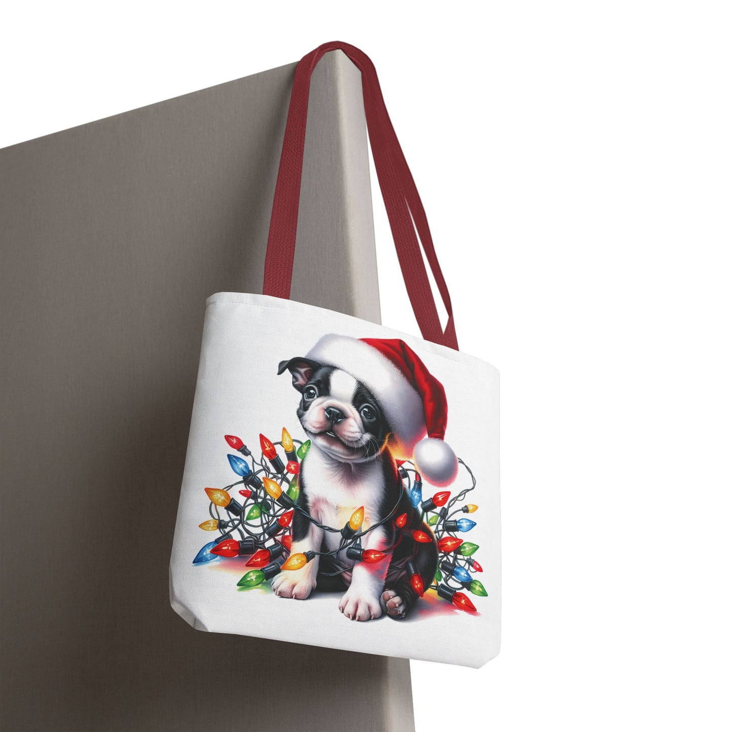 👜 Boston Terrier Christmas Lights Tote Bag – Holiday Sparkle Meets Puppy Love 🎄