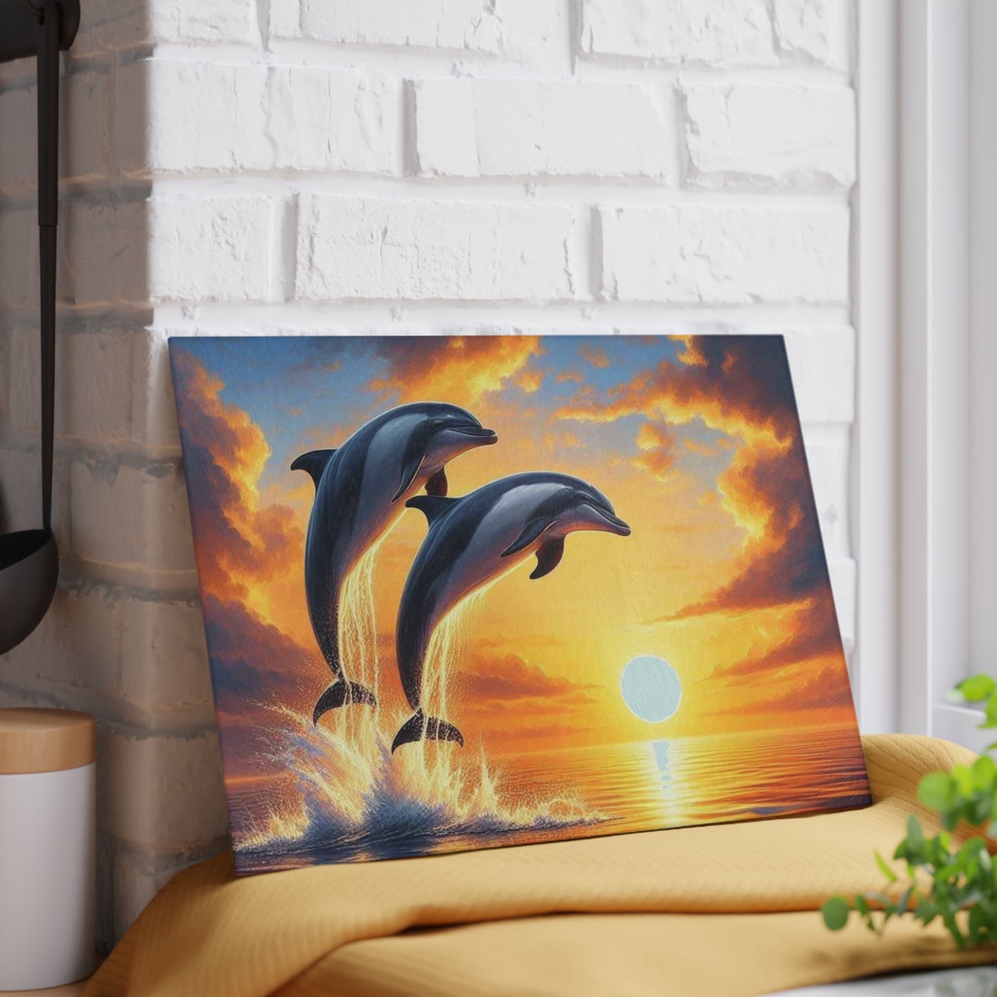 Tabla de cortar con forma de delfín, decoración de casa de playa, tabla de cortar de vidrio templado, amantes del océano, amantes del atardecer, regalo para amantes de los delfines, tabla de charcutería.