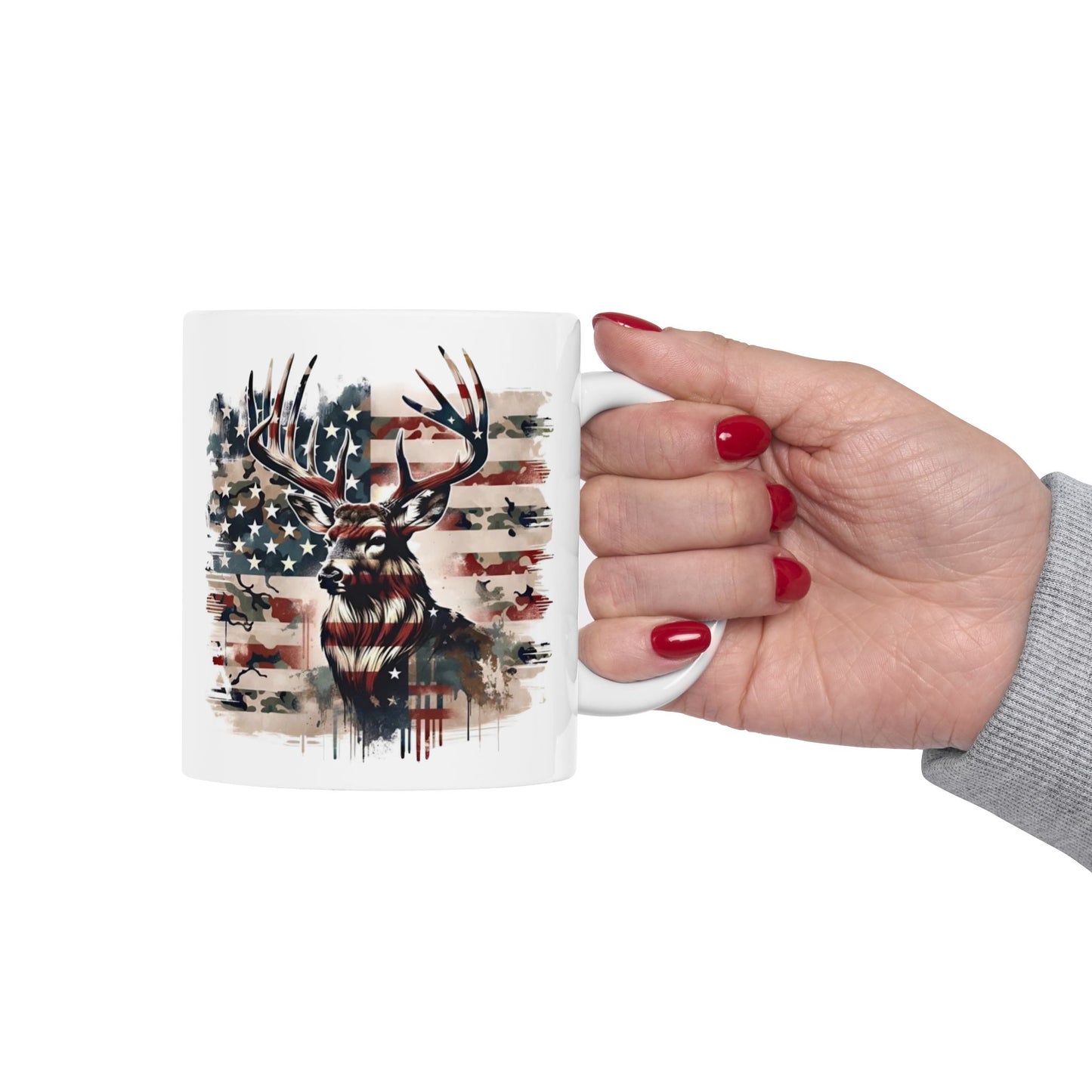 🦌USA Camo Flag Buck – Patriotic Hunting Coffee Mug (11oz & 15oz)