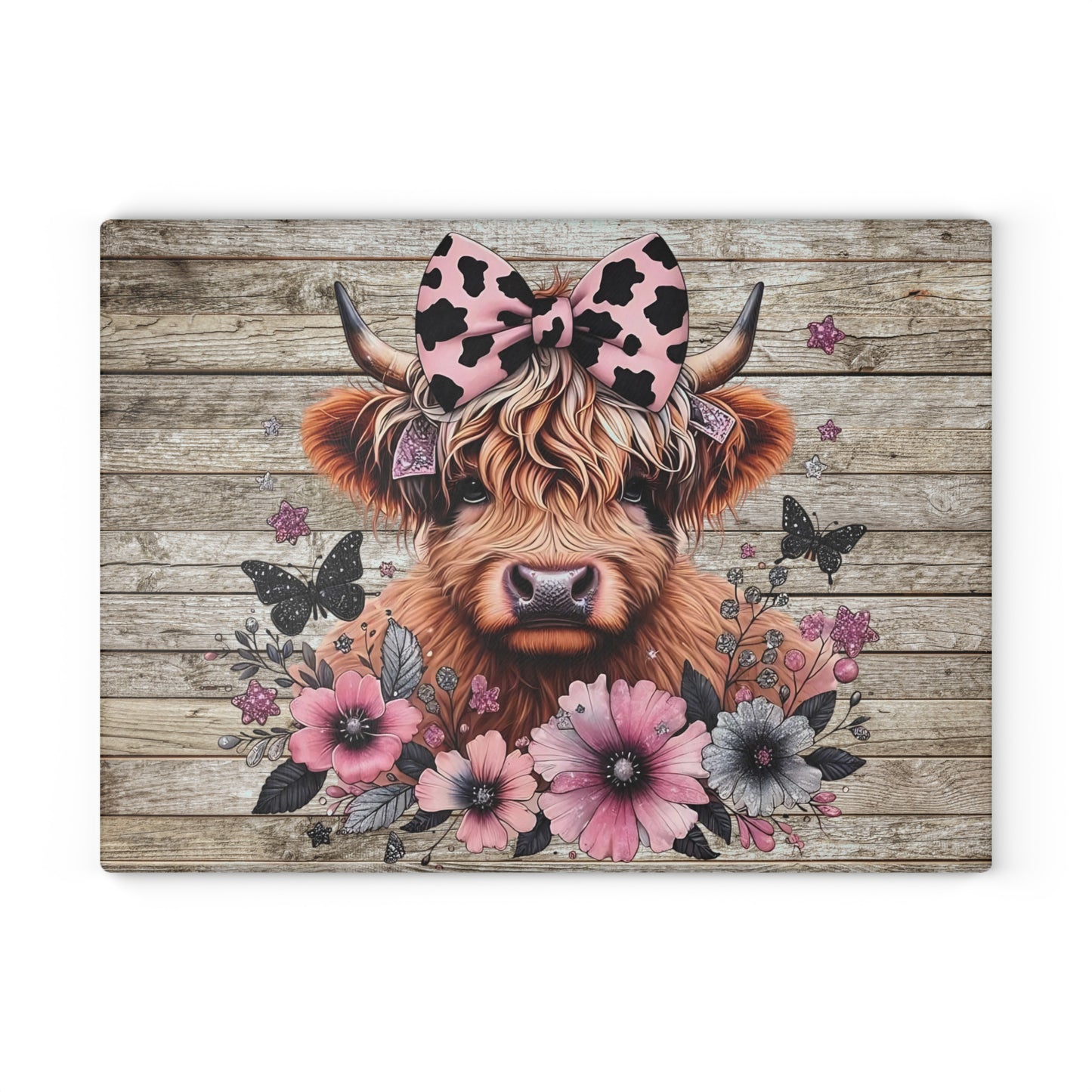 🐮 Pink Bow Highland Cow Cutting Board – Rustic Farmhouse Charm Meets Floral Elegance 🌸