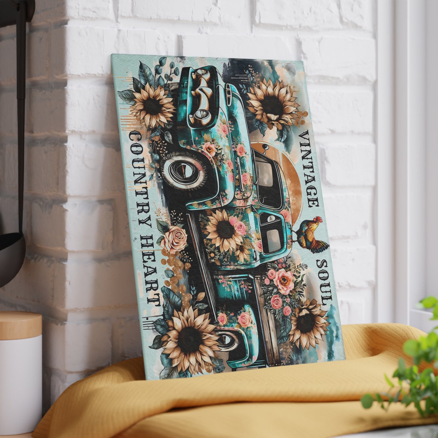 🚜🌻 Vintage Soul Country Heart Cutting Board – Rustic Truck & Sunflower Charm 🐓🌹