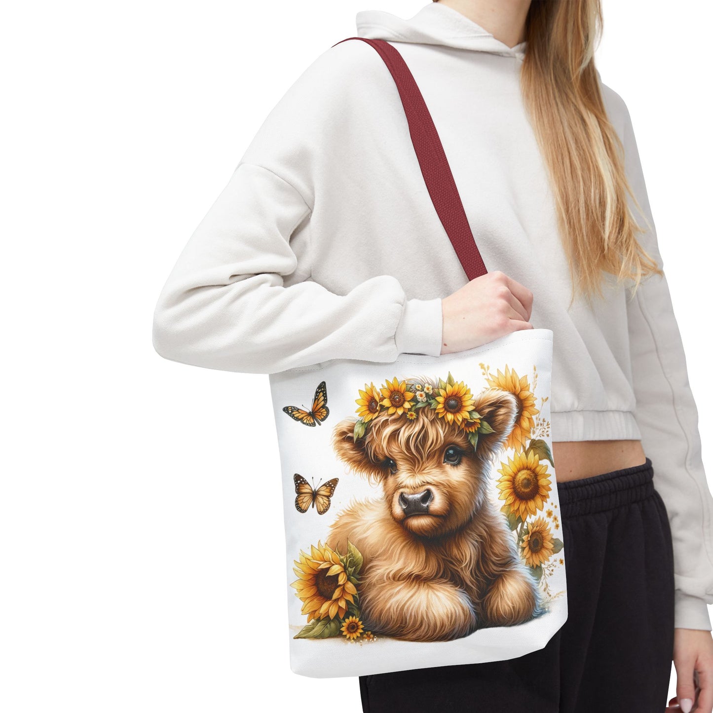 🌻 Sunflower Crown Highland Calf Tote Bag – Country Charm & Butterfly Bliss 🐮👜