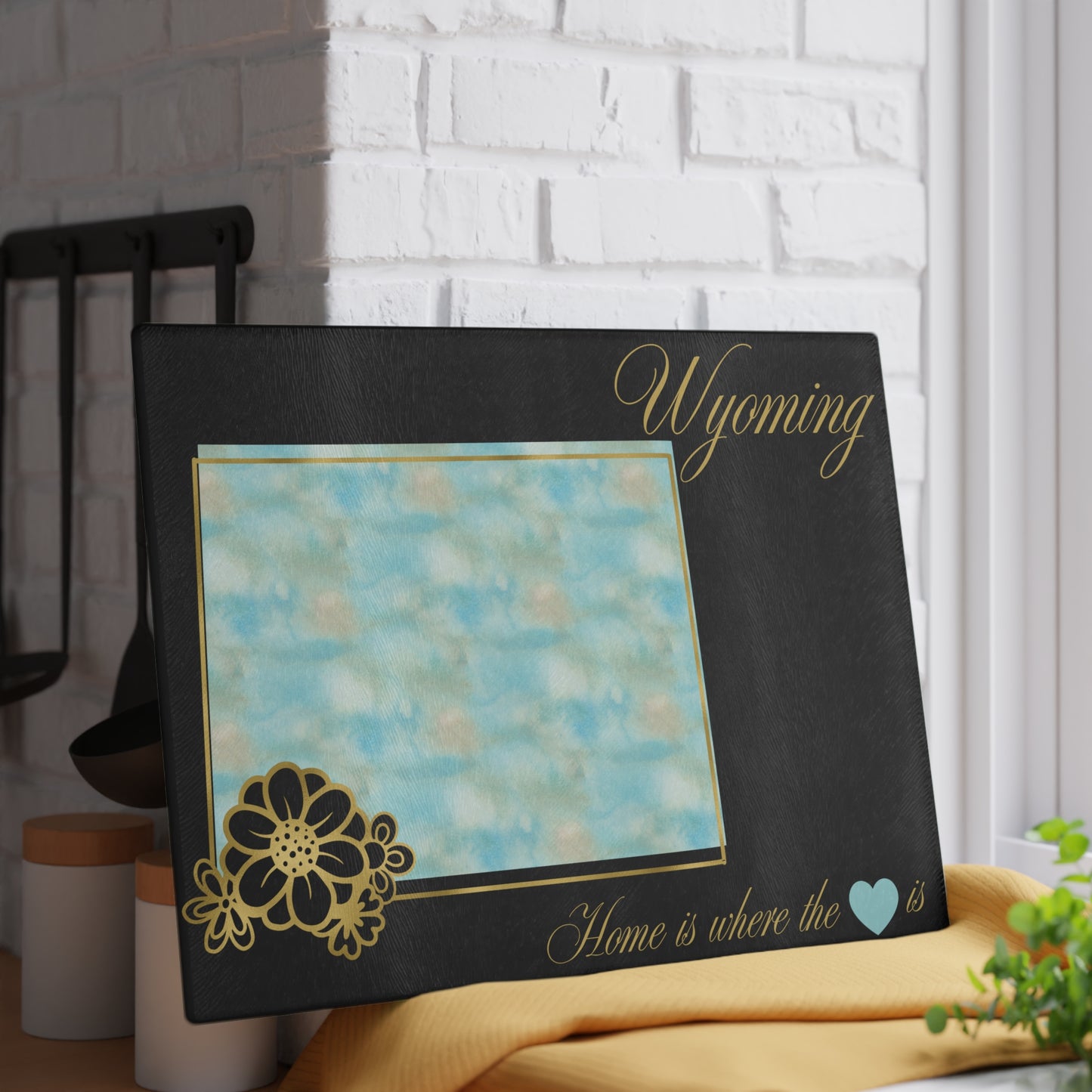 🌿 Wyoming Floral State Cutting Board – Sky Blue Serenity Meets Rustic Gold 🌿