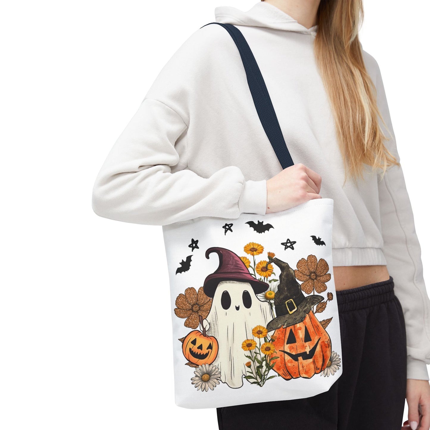 🎃 Ghost & Pumpkin Floral Tote Bag – Whimsical Halloween Charm 👻👜