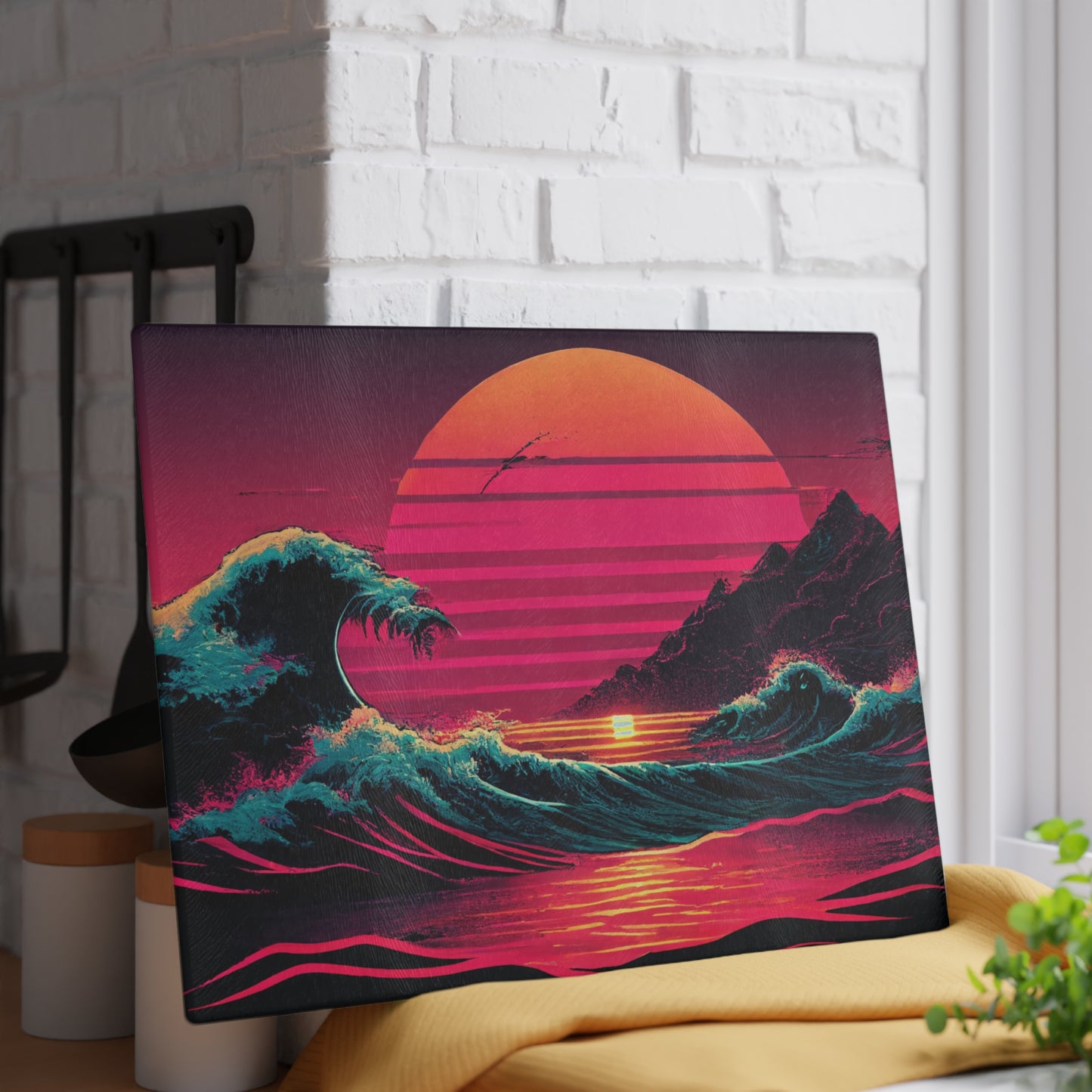 Tabla de cortar de vidrio con diseño de playa y palmeras – Decoración de cocina costera