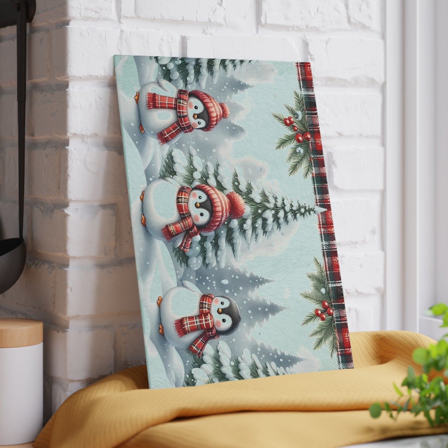 🐧🎄 Winter Penguin Wonderland Cutting Board – Festive Holiday Kitchen Décor with Plaid Accents ❄️✨