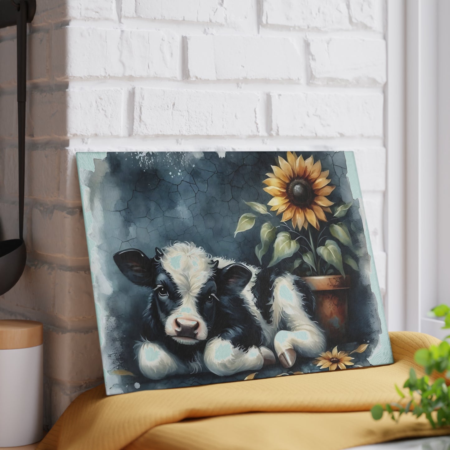 🐄 Sunflower & Baby Cow Cutting Board – Rustic Farmhouse Kitchen Decor
