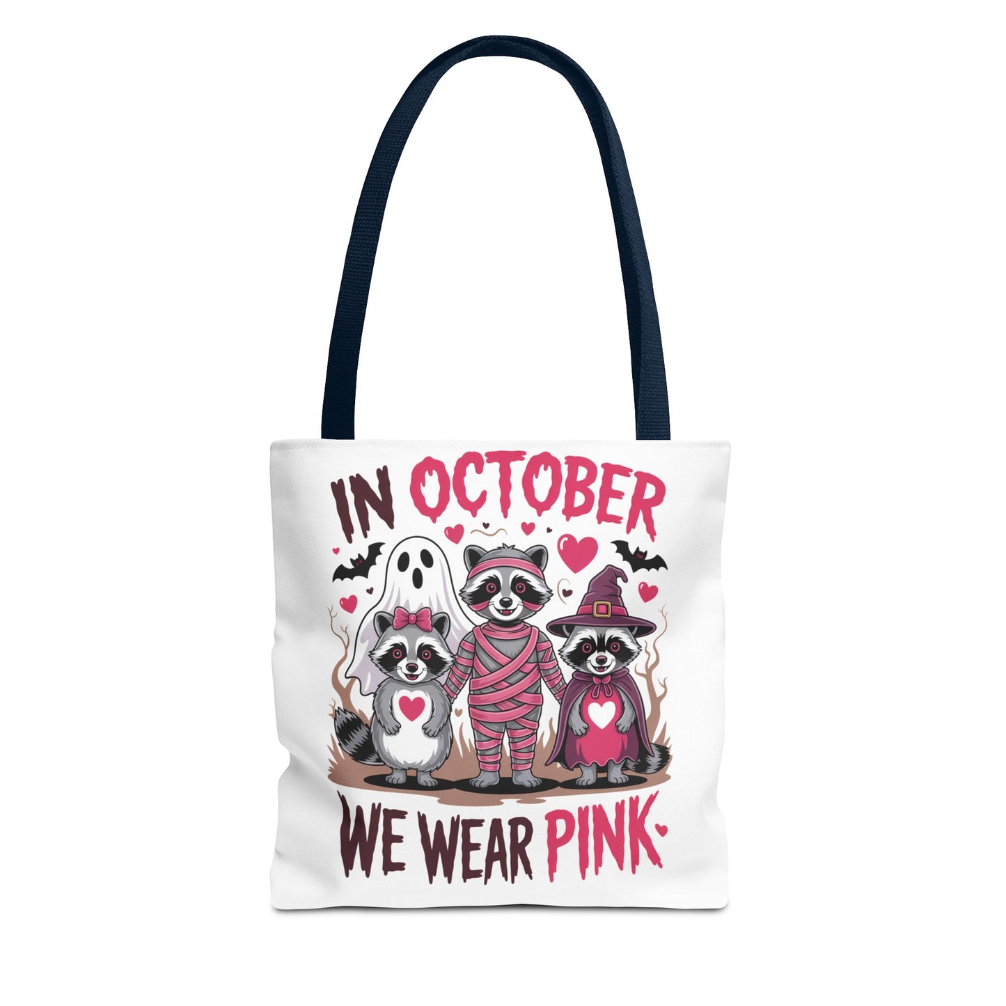 🎀 In October We Wear Pink Raccoon Halloween Tote Bag – Spooky Cute Awareness Style 🦝👜