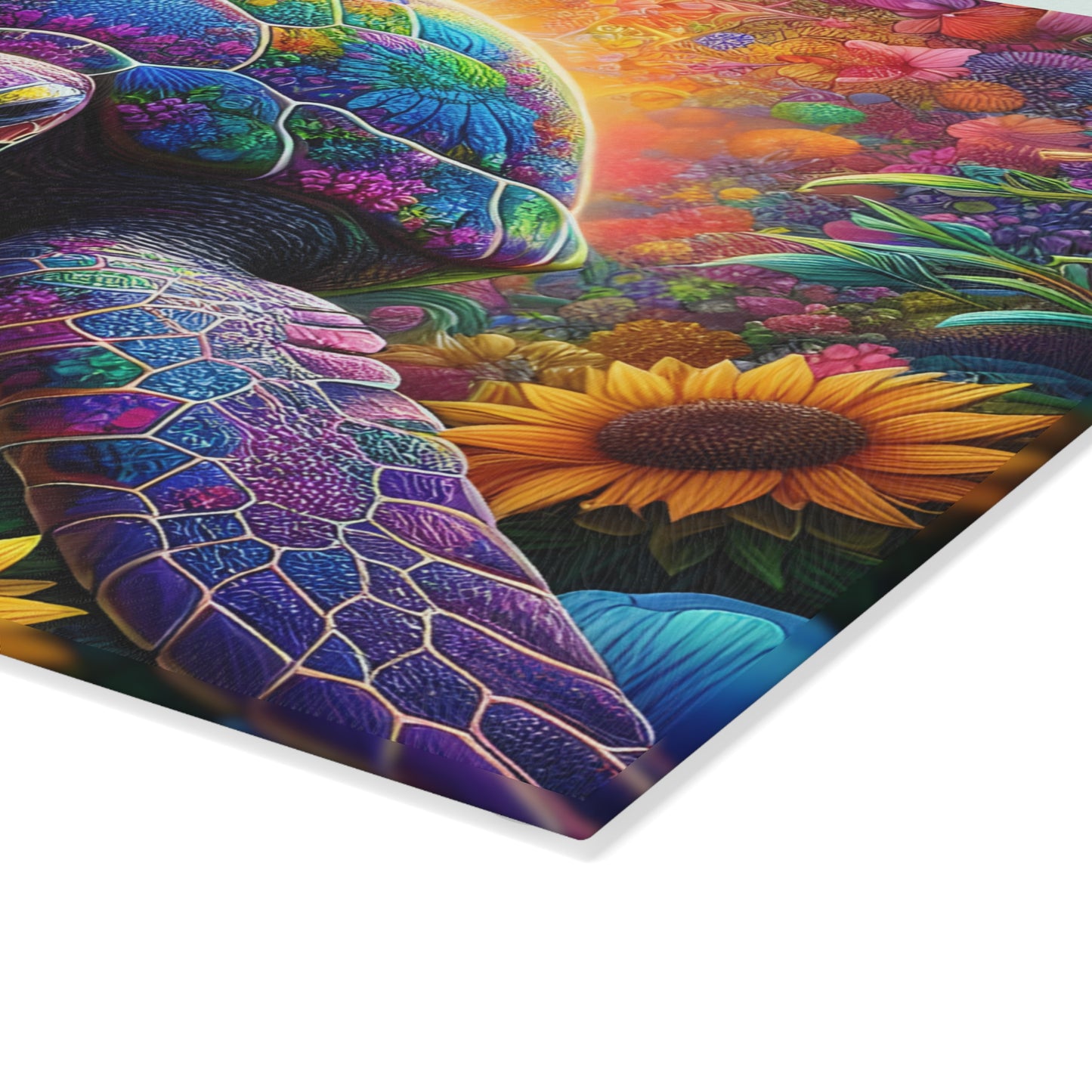 Tabla de cortar de tortuga con flores de neón: colores vibrantes, magia costera y flores artísticas
