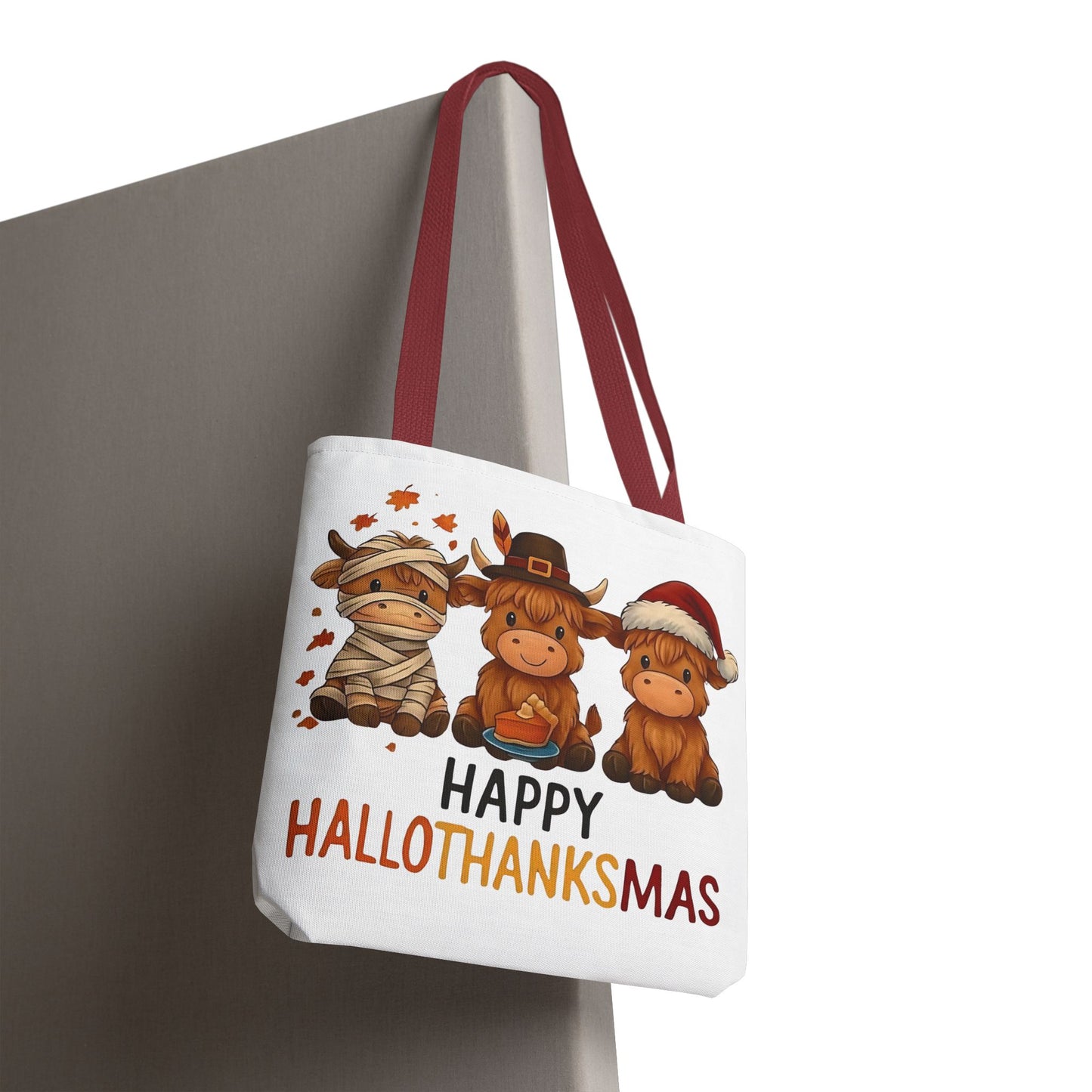 🐮 Happy Hallothanksmas Highland Cow Tote Bag – Holiday Fun All Season 🎃🦃🎄👜