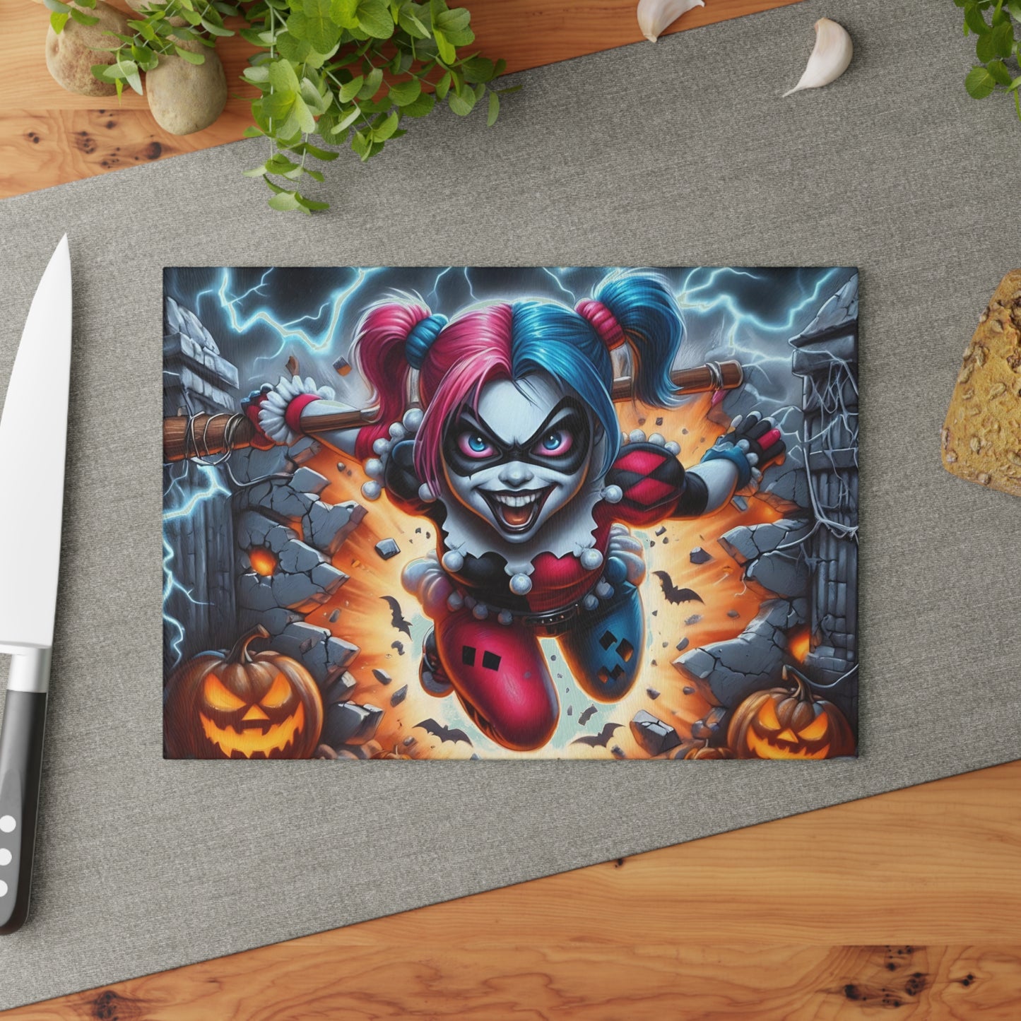 🎃 Mad Clown Girl Cutting Board – Explosive Halloween Chaos with Lightning, Jack-O'-Lanterns & Mischief 💥🃏