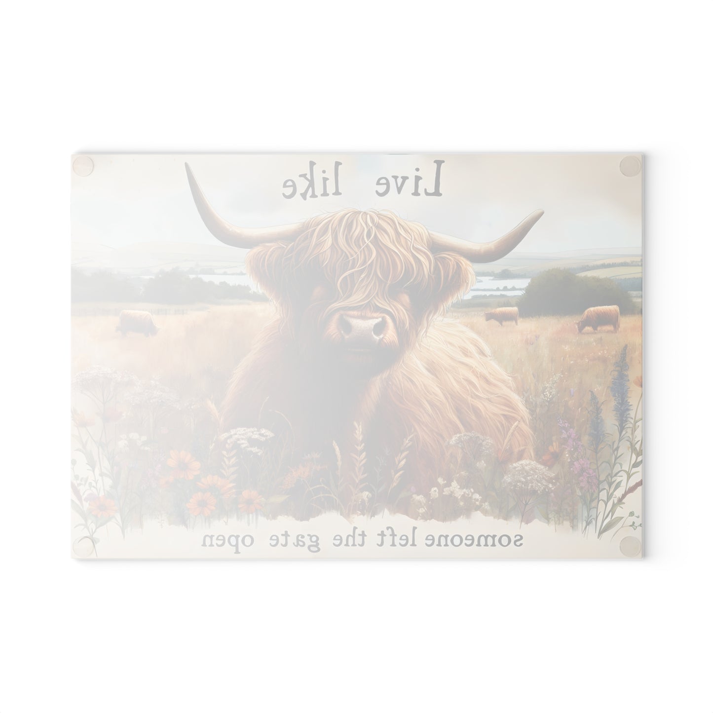 🐮 Highland Cow “Gate Open” Cutting Board – Rustic Charm with a Playful Twist