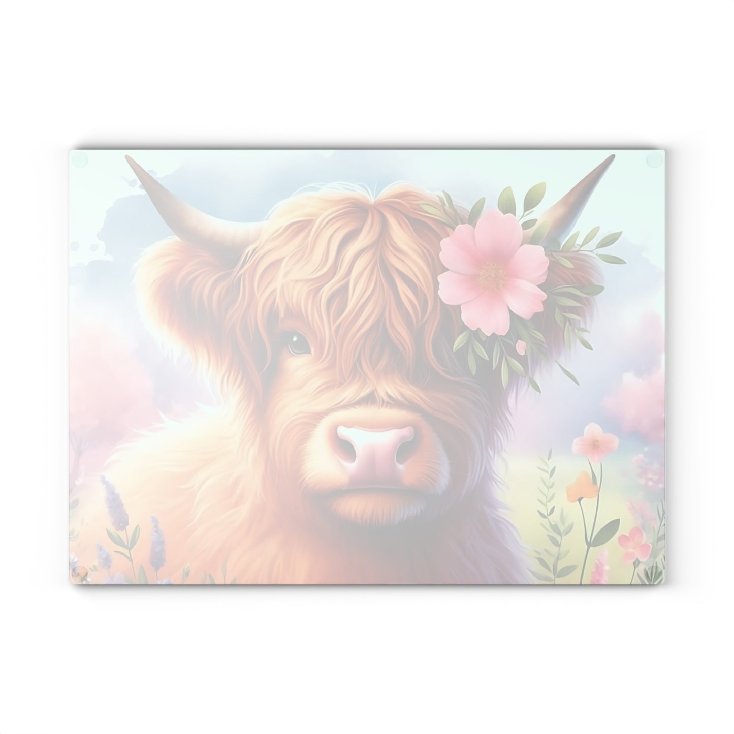 🐮 Highland Cow with Floral Crown – Rustic Farmhouse Glass Cutting Board