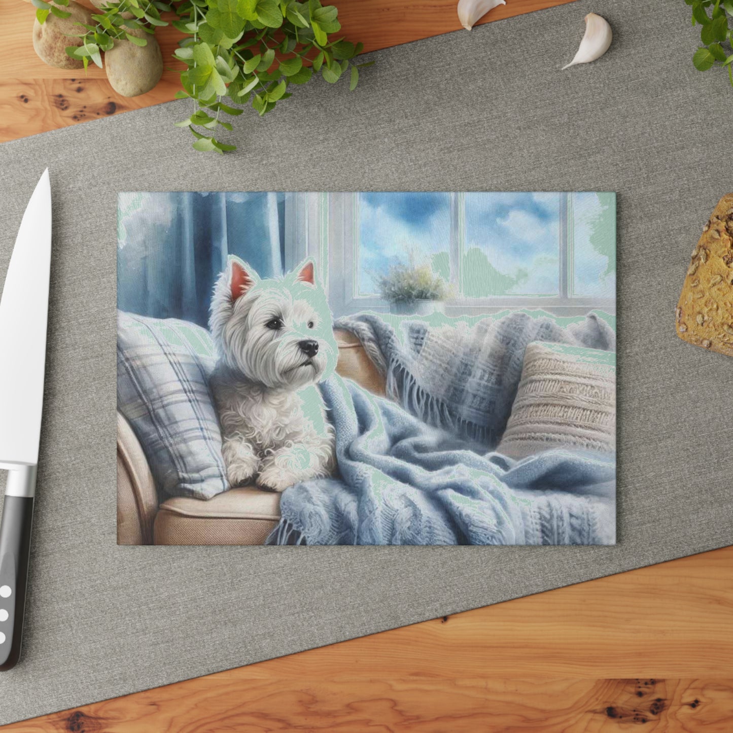 🐶 Cozy Westie by the Window Cutting Board – Relaxed Charm for Your Kitchen 🪟