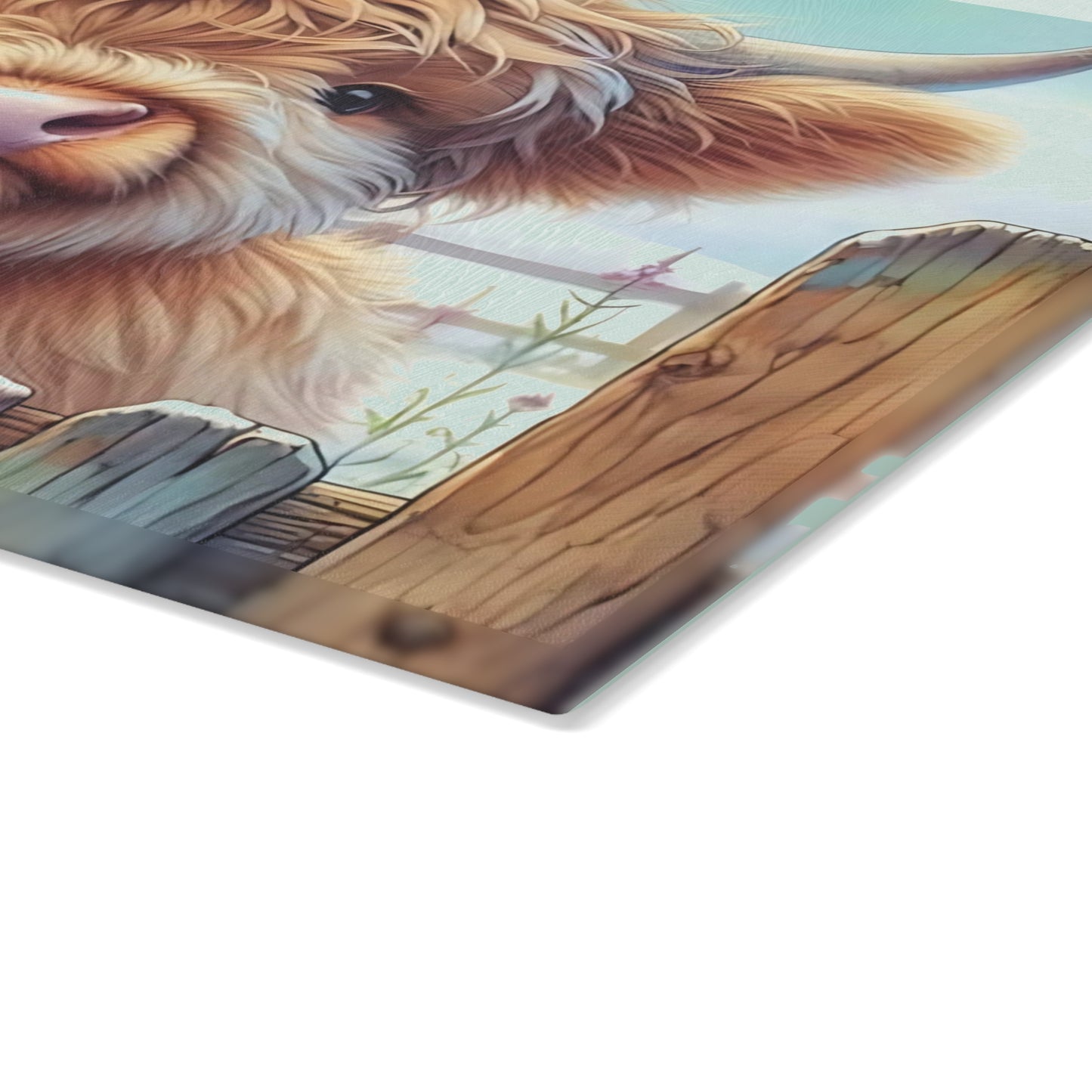 🐄 Highland Cow Looking Over a Wooden Fence Glass Cutting Board 🪵