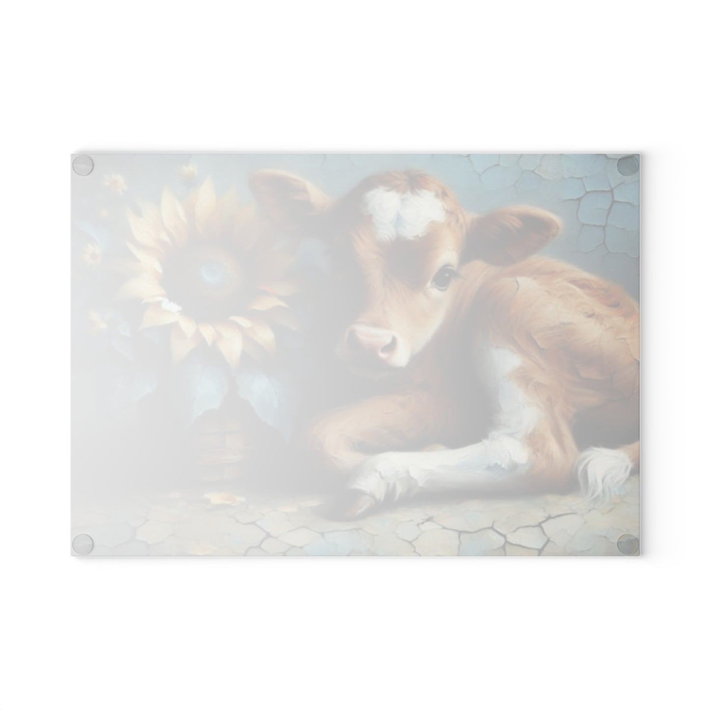 🌻 Sunflower Calf Glass Cutting Board – Rustic Farmhouse Charm for Your Kitchen