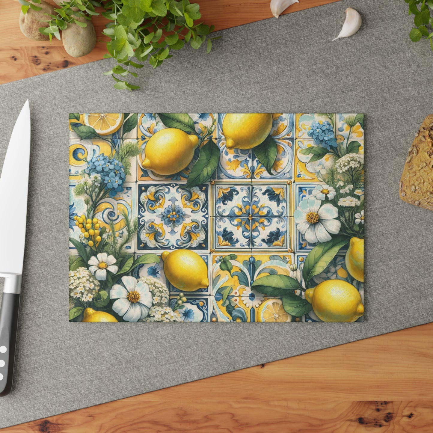 🍋🌼 Lemon Tile Floral Cutting Board – Mediterranean Charm for Your Kitchen 🌸🍋