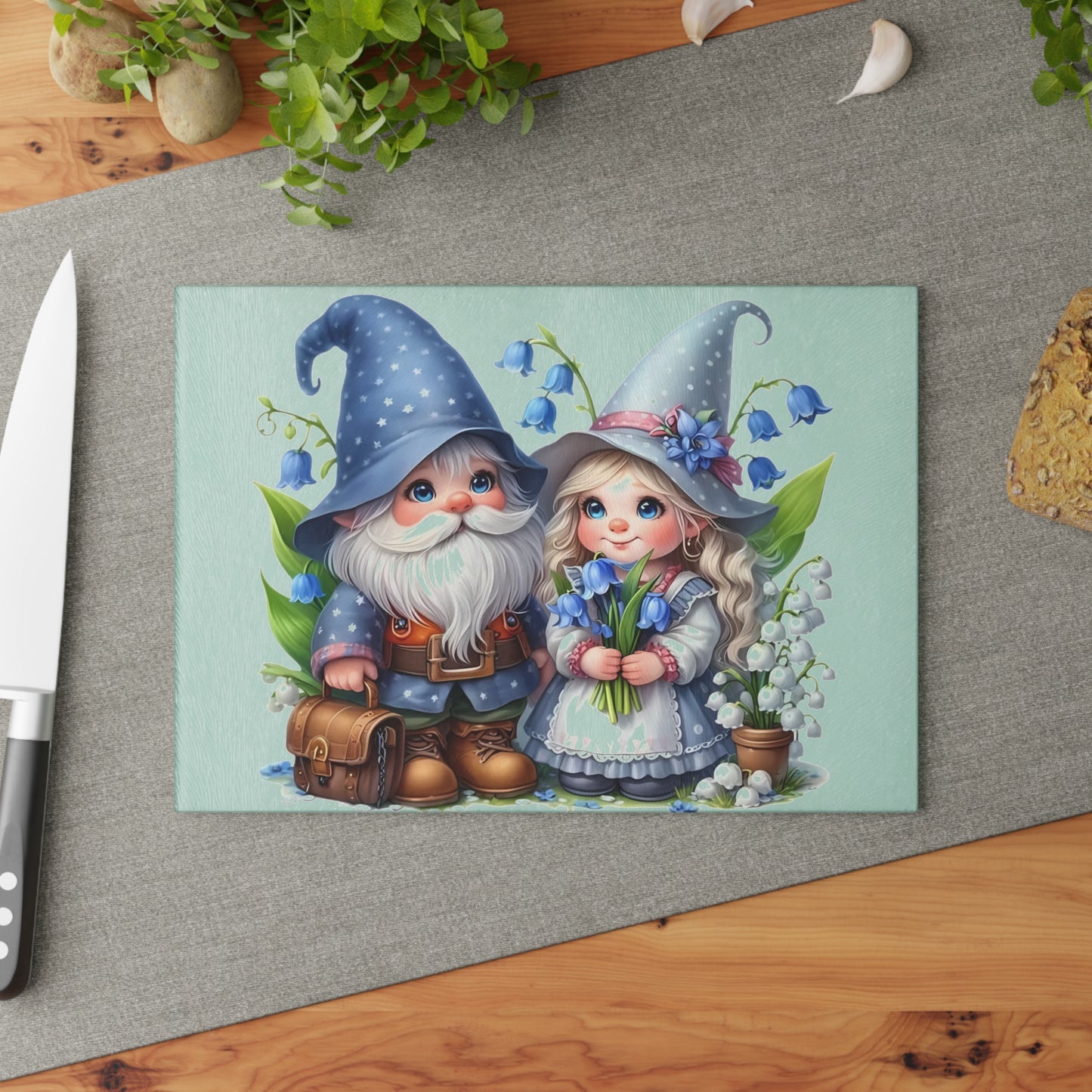 💙🌸 Bluebell Gnome Couple Cutting Board – Whimsical Garden Kitchen Décor with Sweet Floral Charm 🌿✨