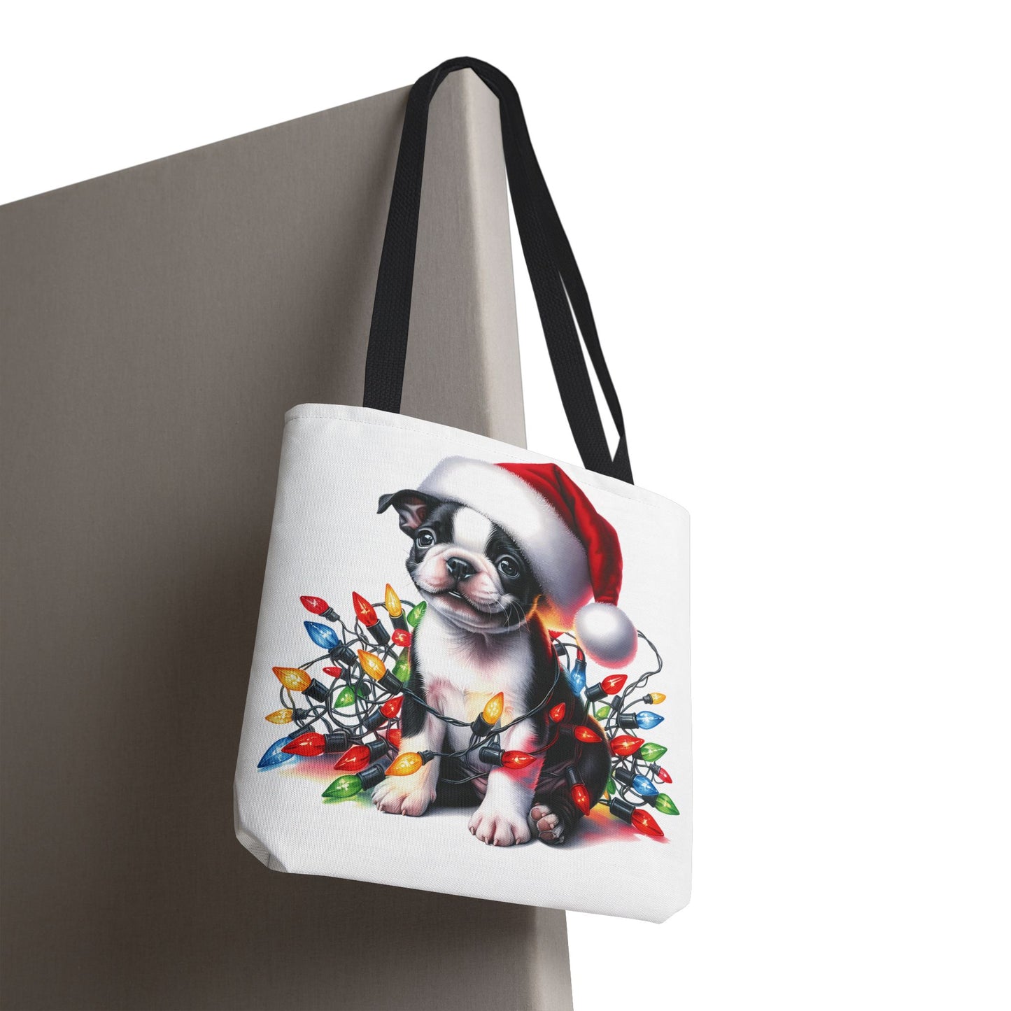 👜 Boston Terrier Christmas Lights Tote Bag – Holiday Sparkle Meets Puppy Love 🎄