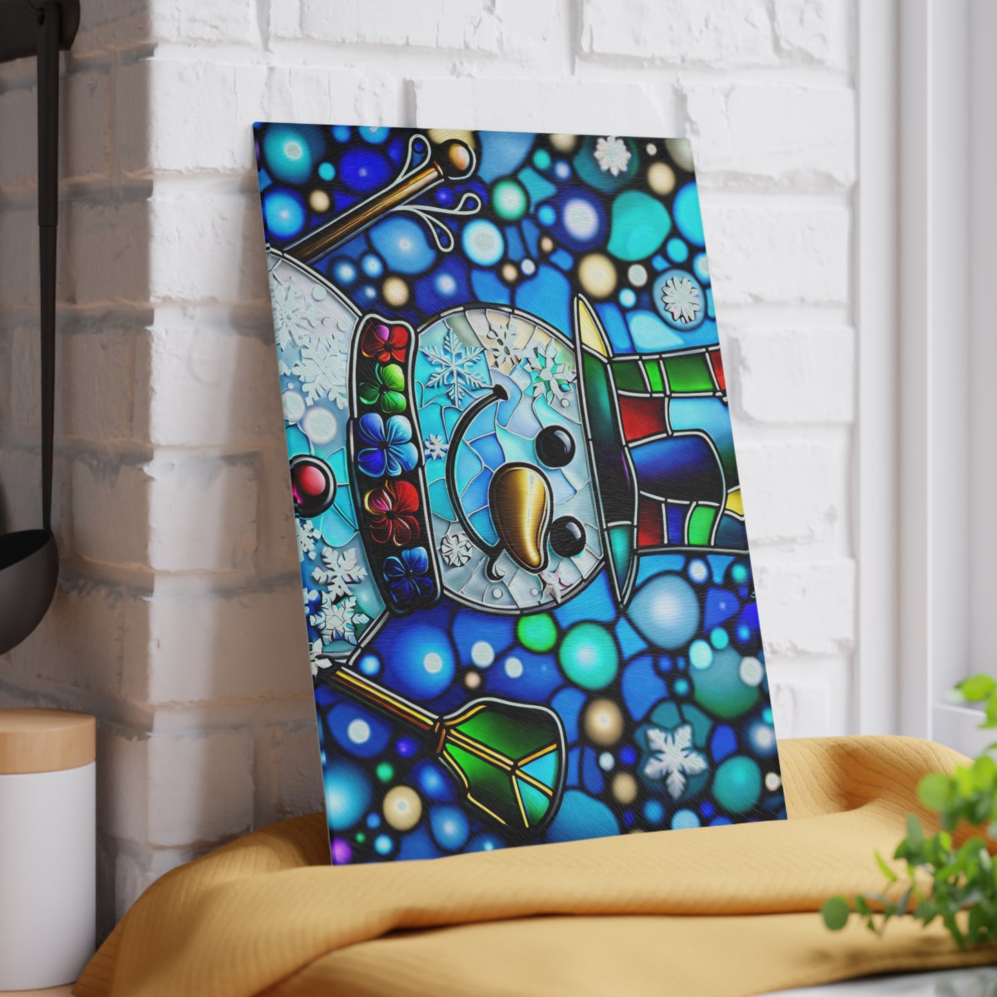 ☃️ Stained Glass-Style Snowman Cutting Board – Festive Elegance for Your Holiday Kitchen ❄️