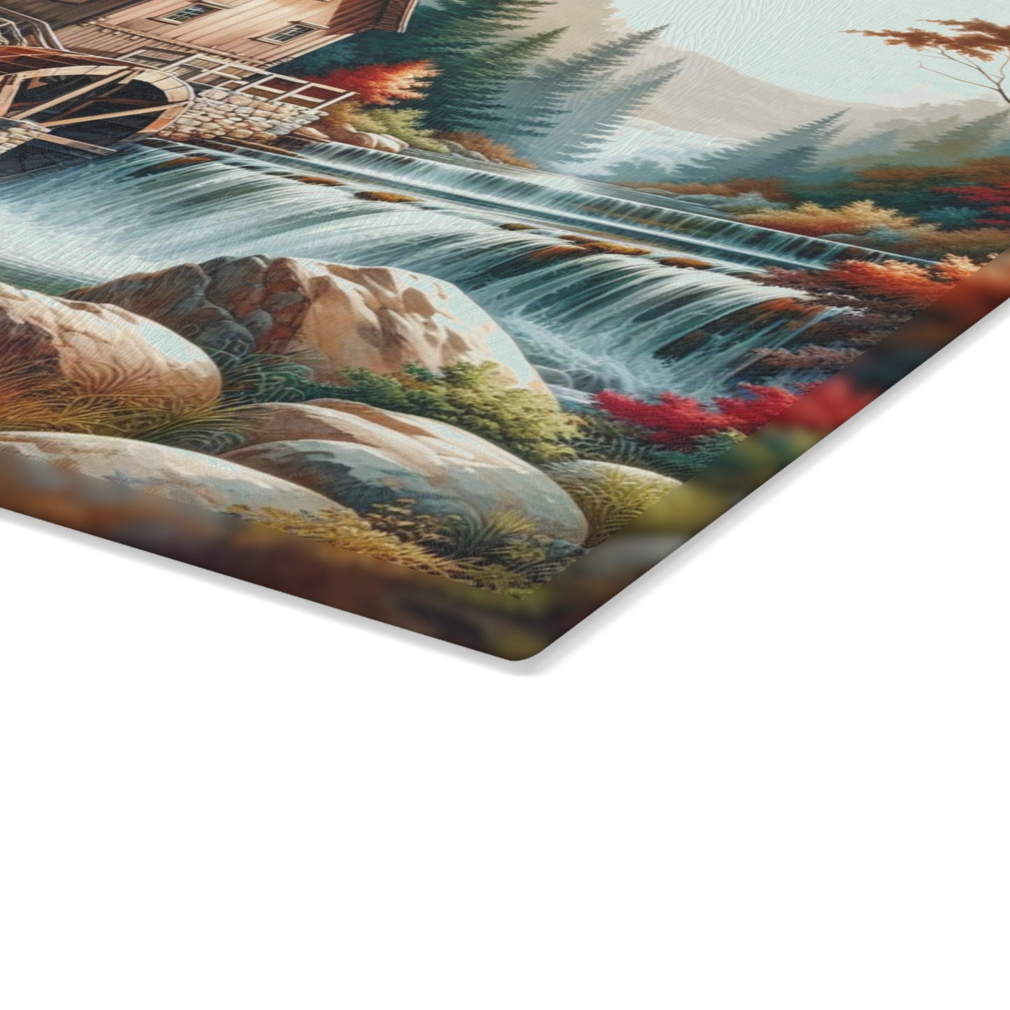 🍁 Autumn Watermill Cutting Board – Rustic Charm Meets Tranquil Fall Beauty
