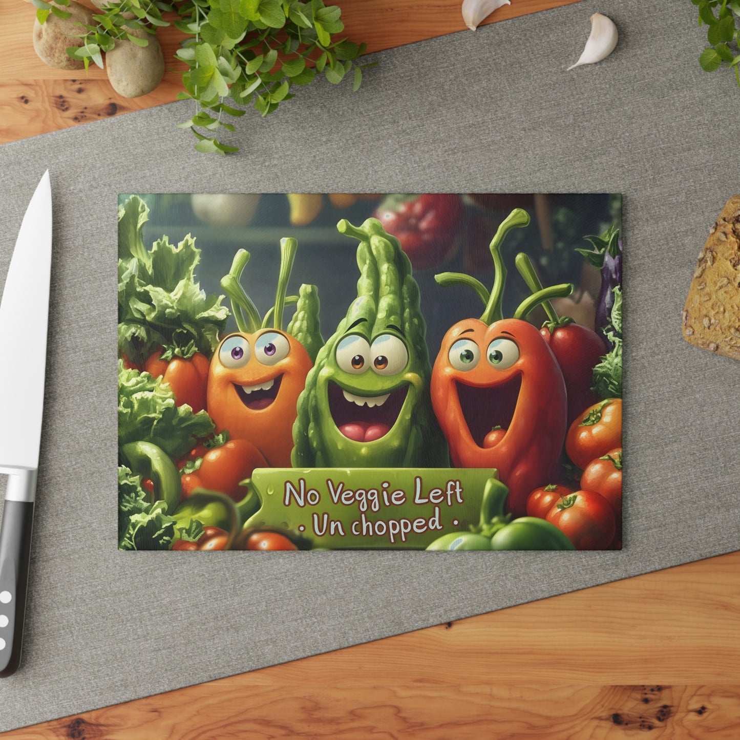 Tabla de cortar de vidrio “Ninguna verdura sin picar” – Humor de cocina con verduras que ríen 😆🍅