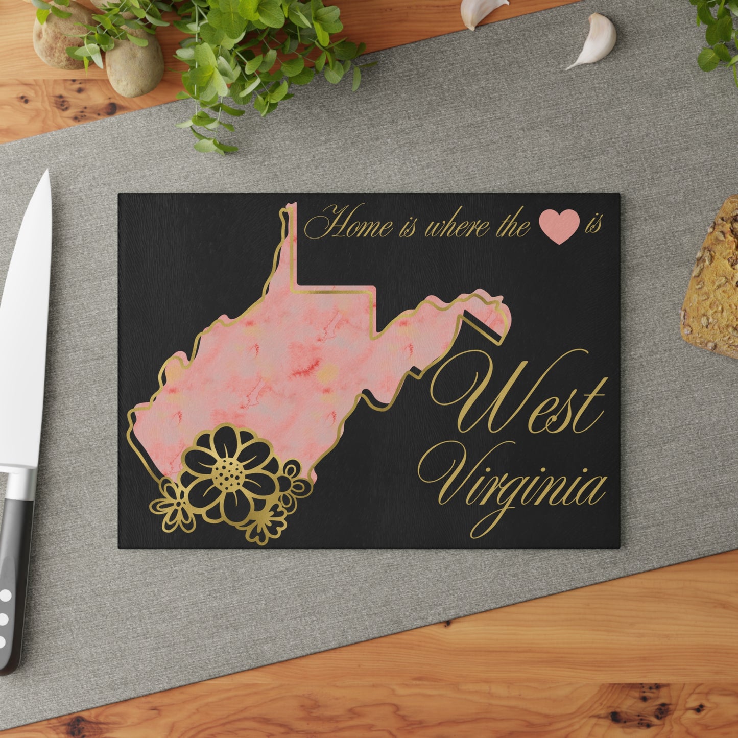 🏡 West Virginia Floral State Cutting Board – “Home is Where the Heart Is” in Blush & Gold 🌸