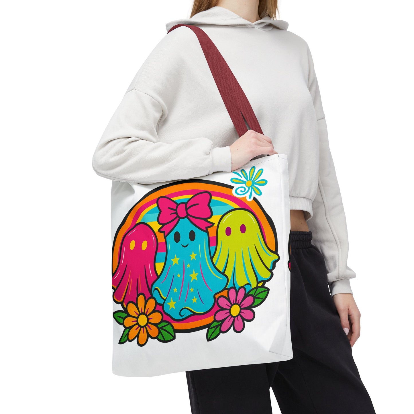 ๐ Retro Rainbow Ghosts Tote Bag โ Groovy Spooky Fun ๐ป๐