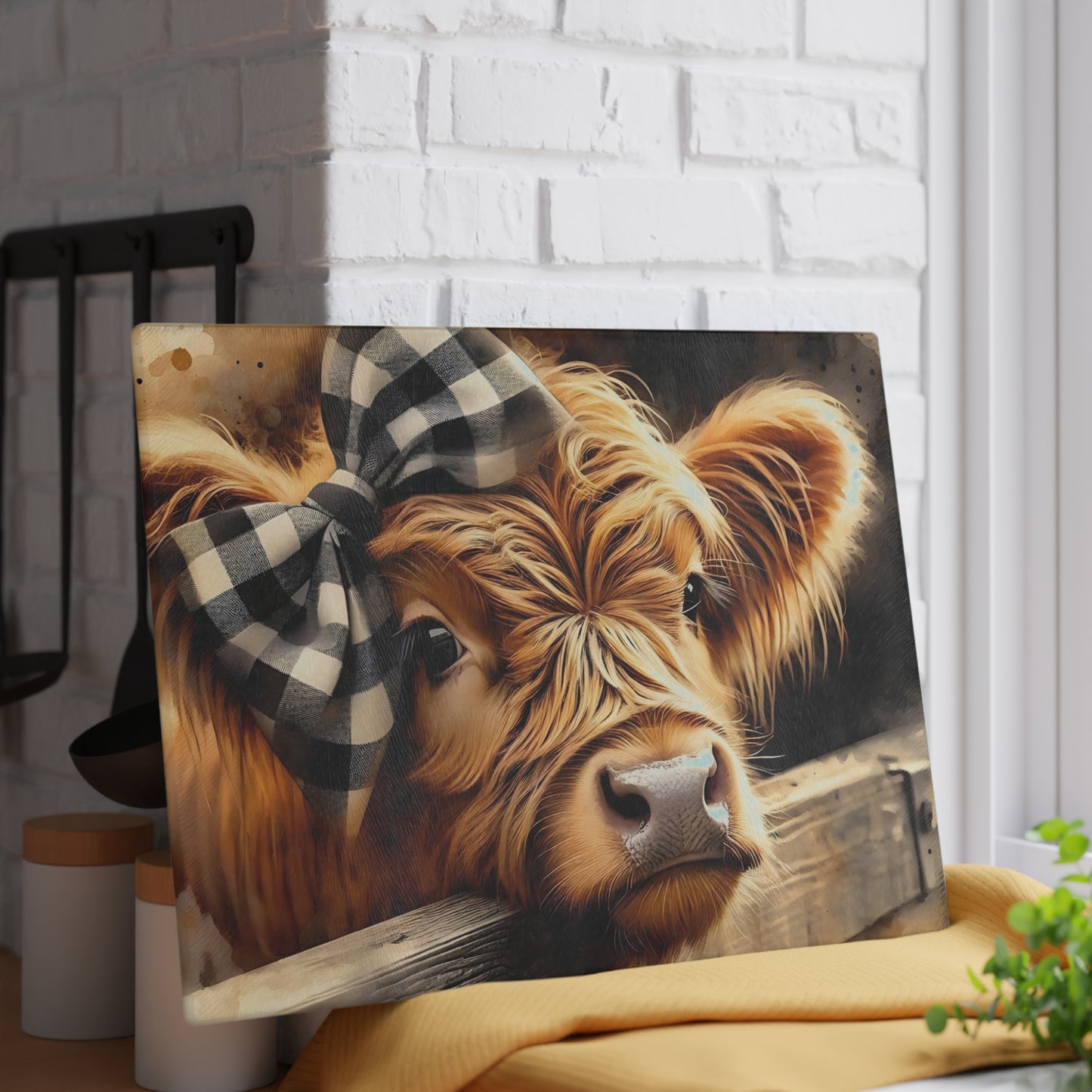Tabla de cortar de vidrio con diseño de vaca de las Tierras Altas y lazo a cuadros – Decoración de cocina rústica