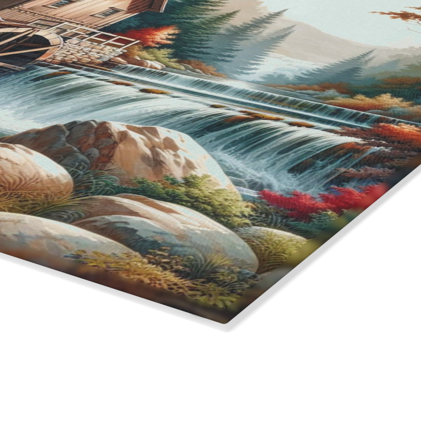 🍁 Autumn Watermill Cutting Board – Rustic Charm Meets Tranquil Fall Beauty