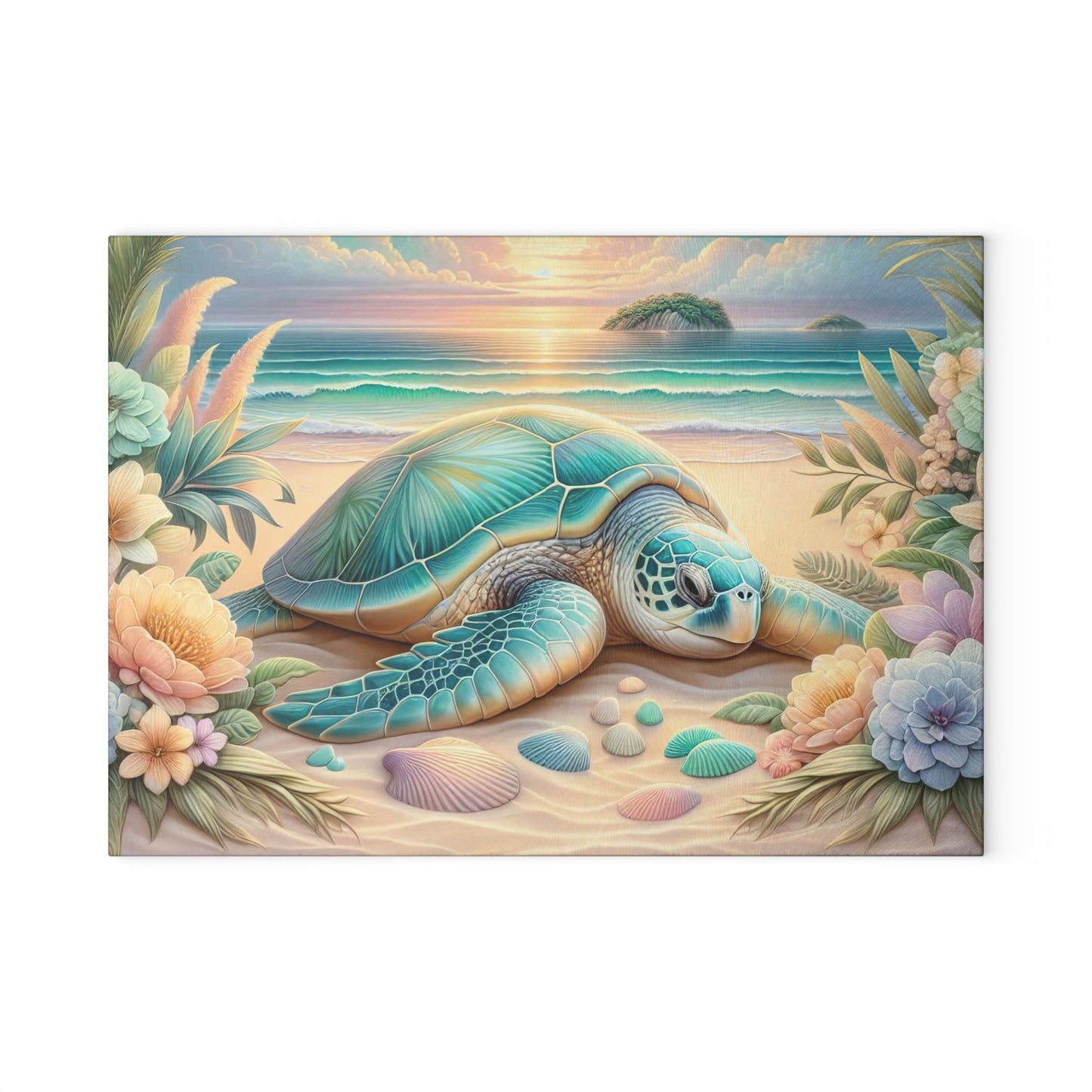 Tabla de cortar con diseño de tortuga marina y flores de playa: un escape tranquilo al océano para tu cocina