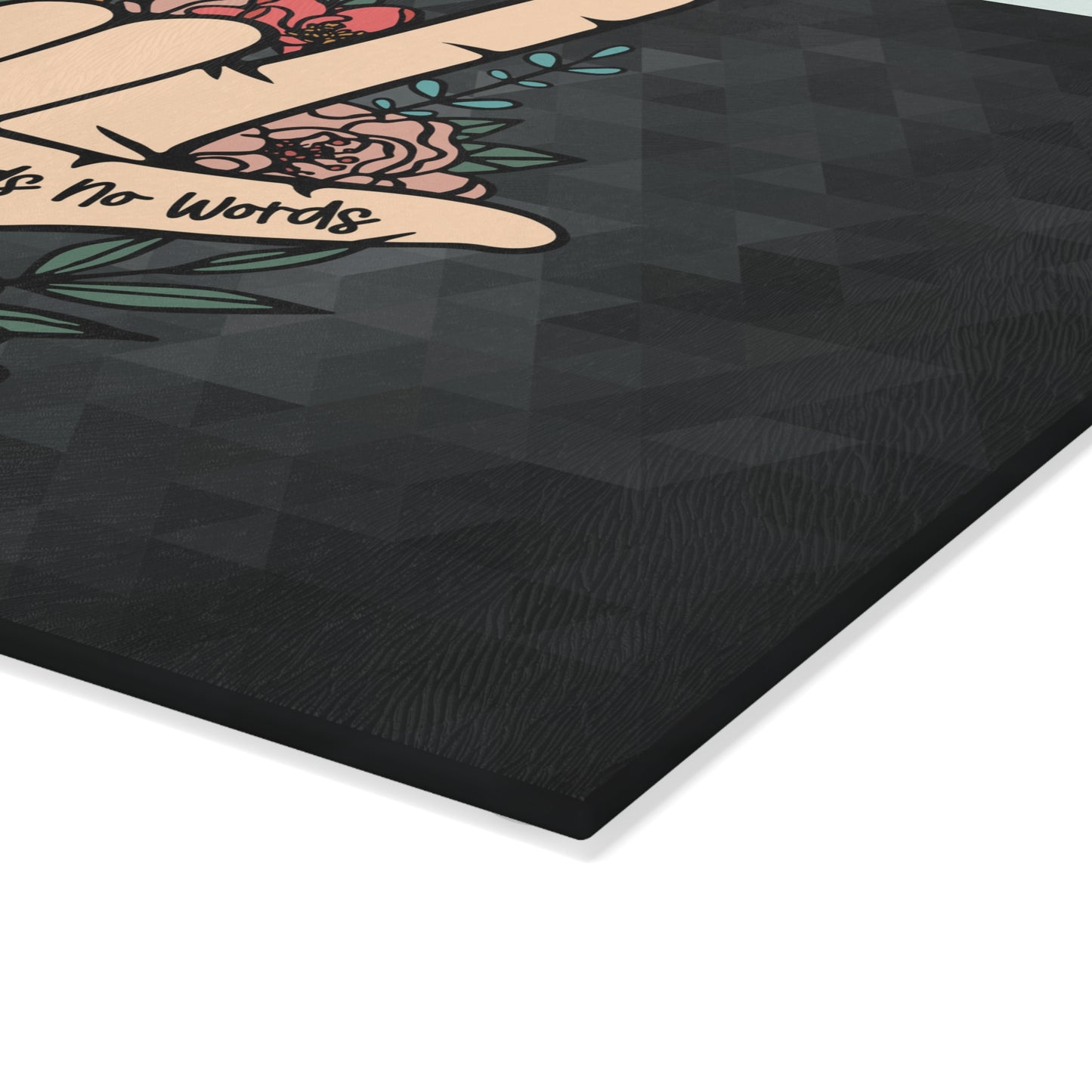 Tabla de cortar de vidrio templado con texto "Te amo" y pieza de exhibición.