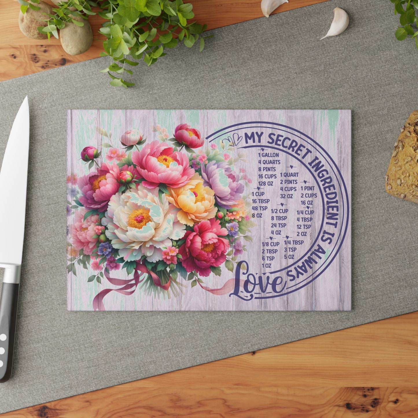 My Secret Ingredient Is Always Love Glass Cutting Board – Floral Kitchen Conversion Chart