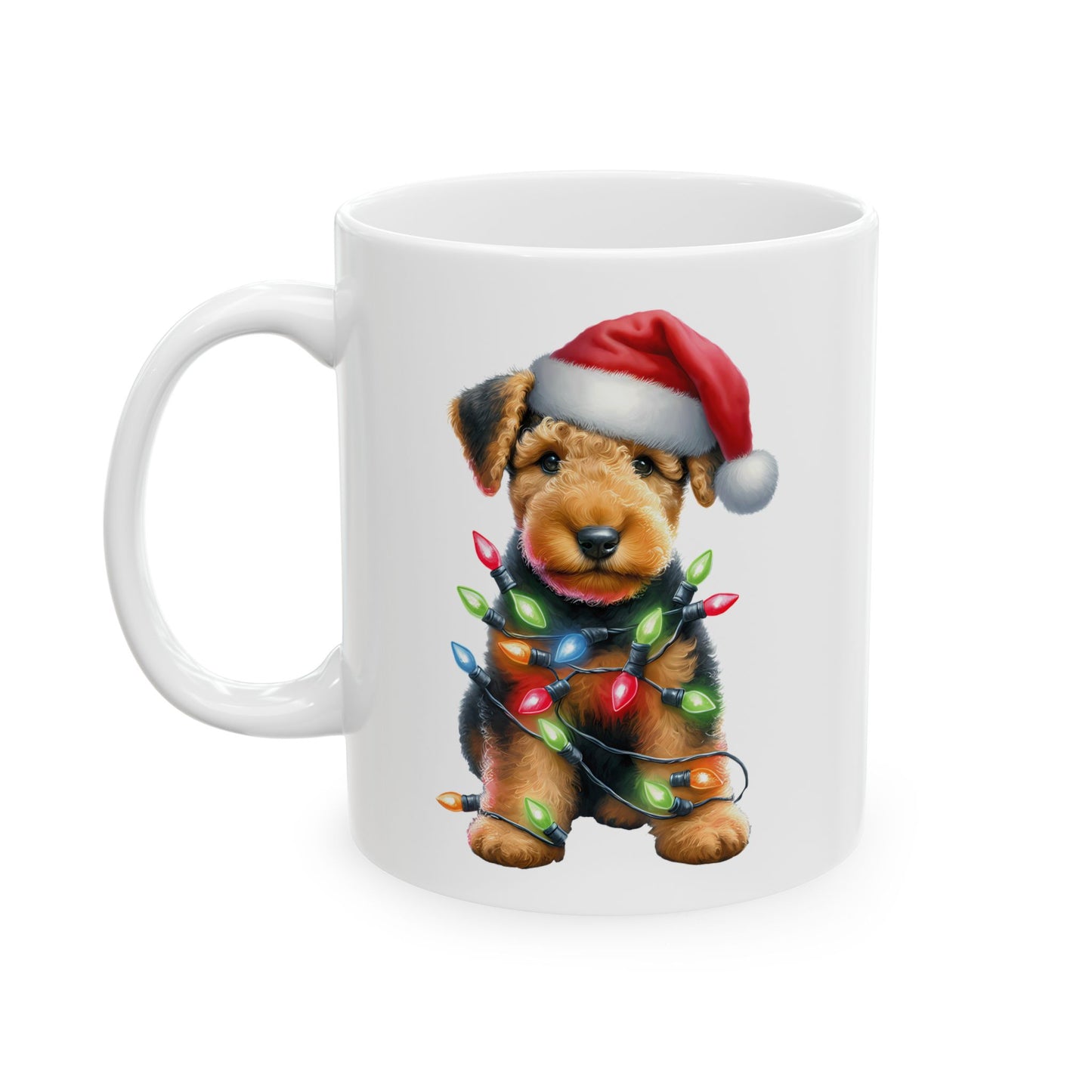 🎄 Airedale Terrier Christmas Mug – Jolly Pup with Santa Hat & Twinkling Lights 🎁