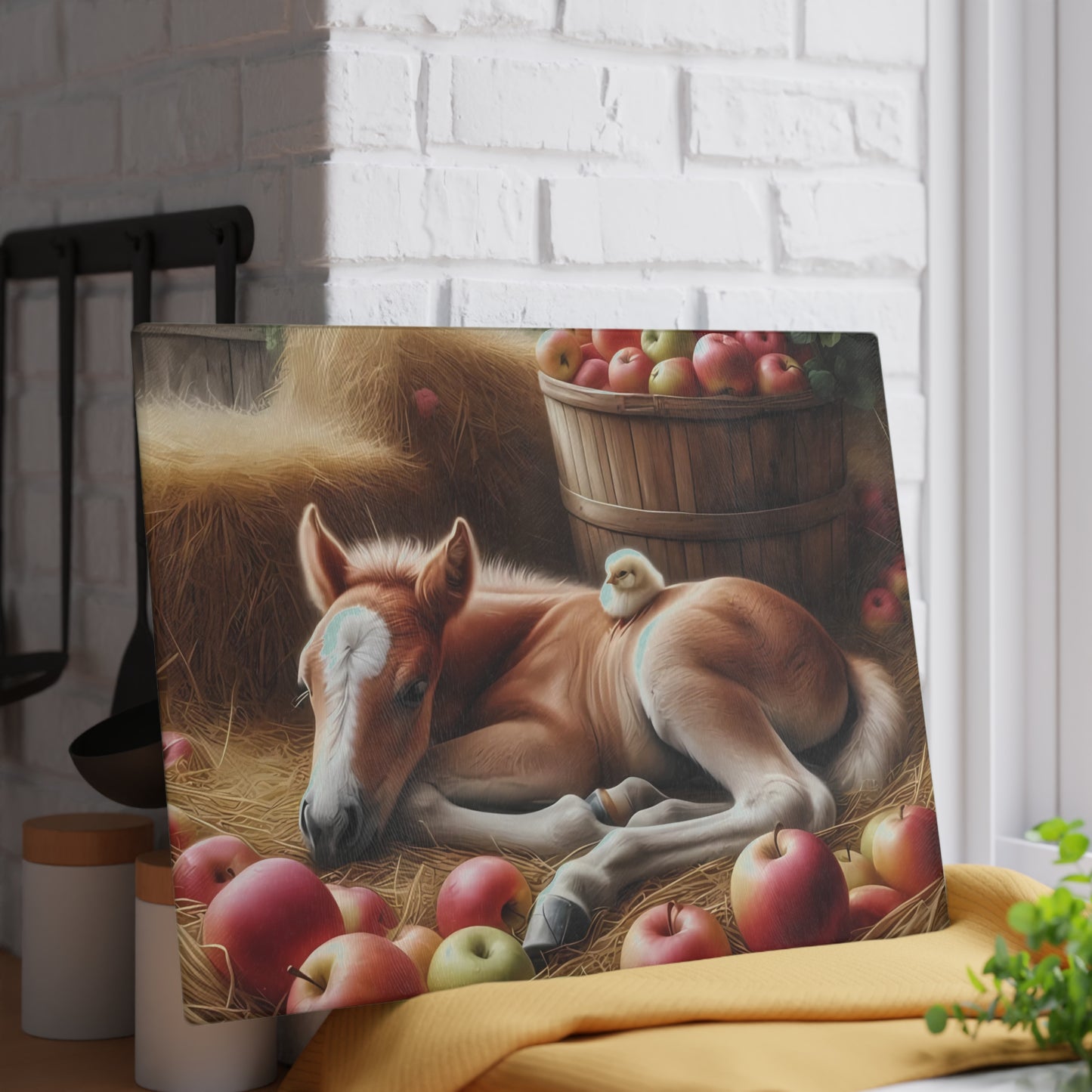 Tabla de cortar - Diseño de potro y pollito con manzanas, regalo único, tabla de cortar de vidrio, tabla de charcutería, tabla de cortar personalizada