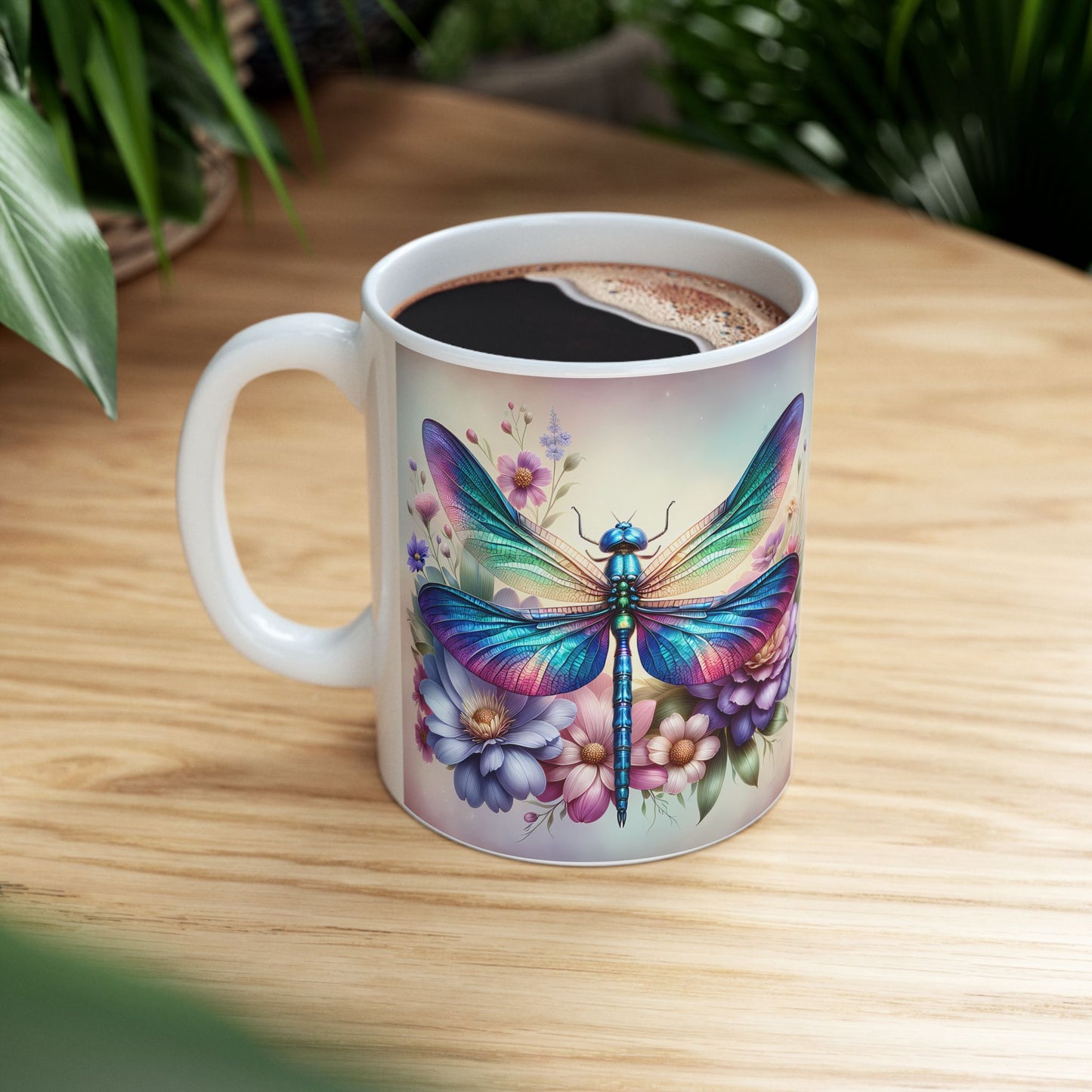 🌸 Vivid Garden Bloom – Envoltorio para taza de café con libélula arcoíris ☕