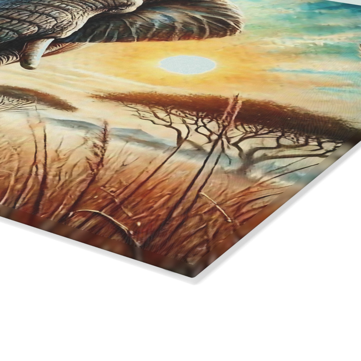 🐘 Majestic Elephant Sunset – Tempered Glass Cutting Board