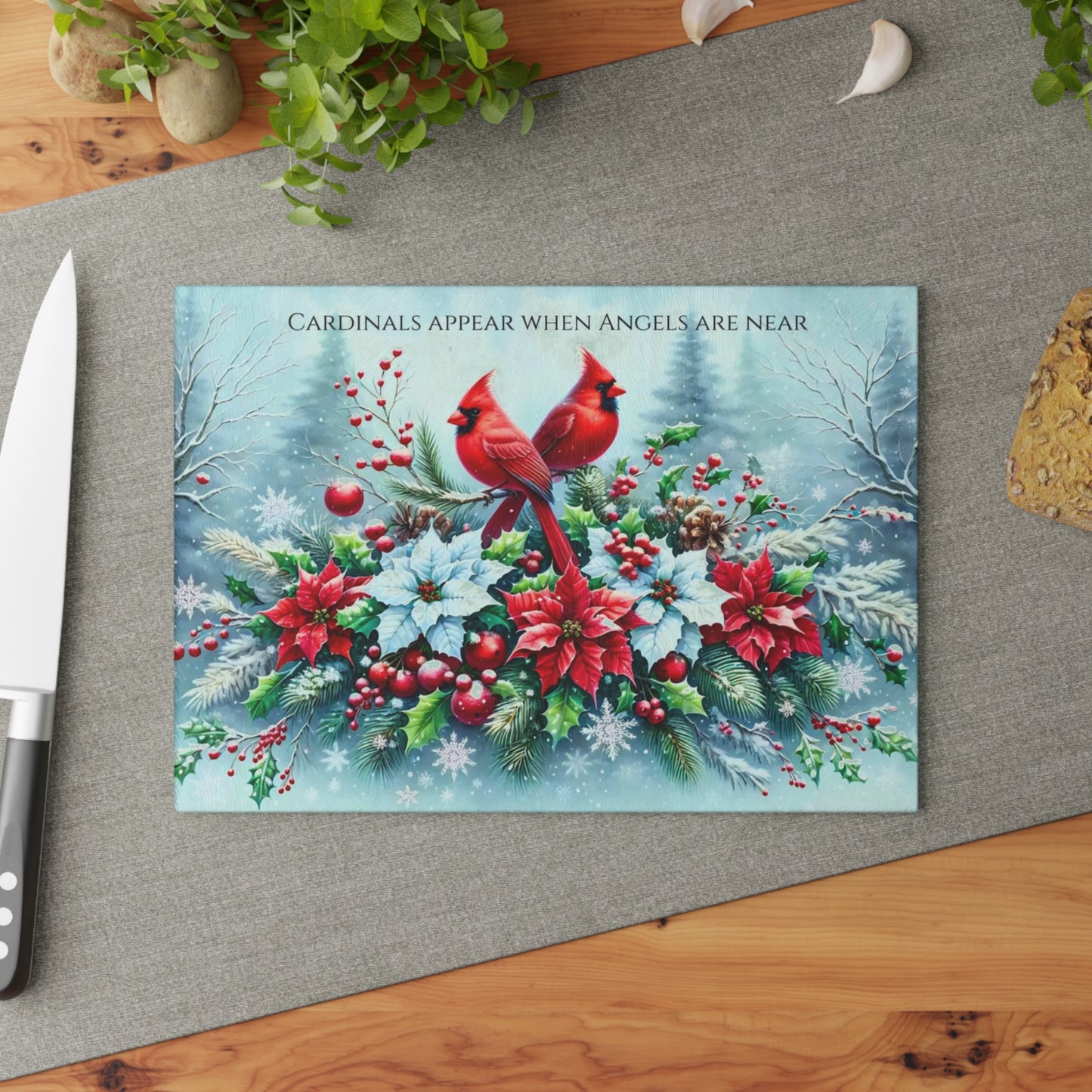 🐦❄️ “Cardinals & Angels” Glass Cutting Board – Cozy Winter Comfort for Your Kitchen