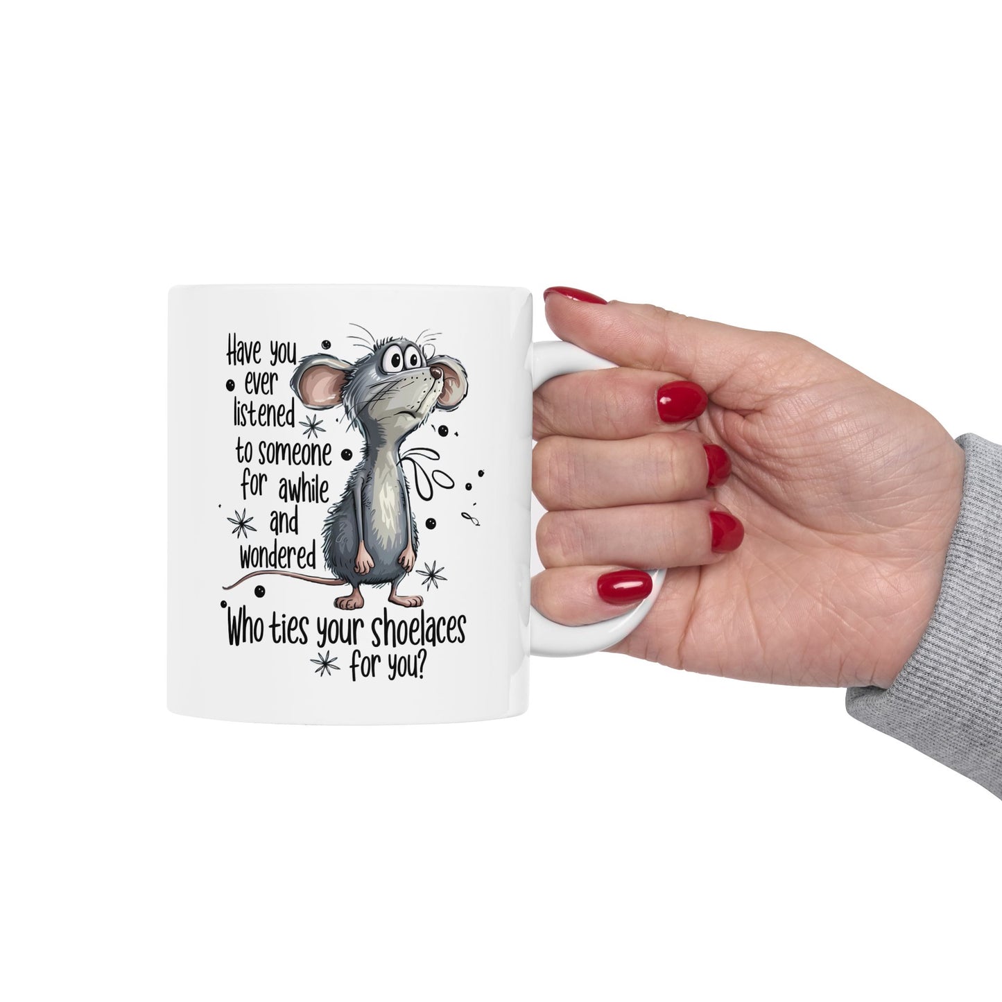 ¿Quién te ata los cordones? – Taza de café con un ratón divertido para amantes de los animales 🧵