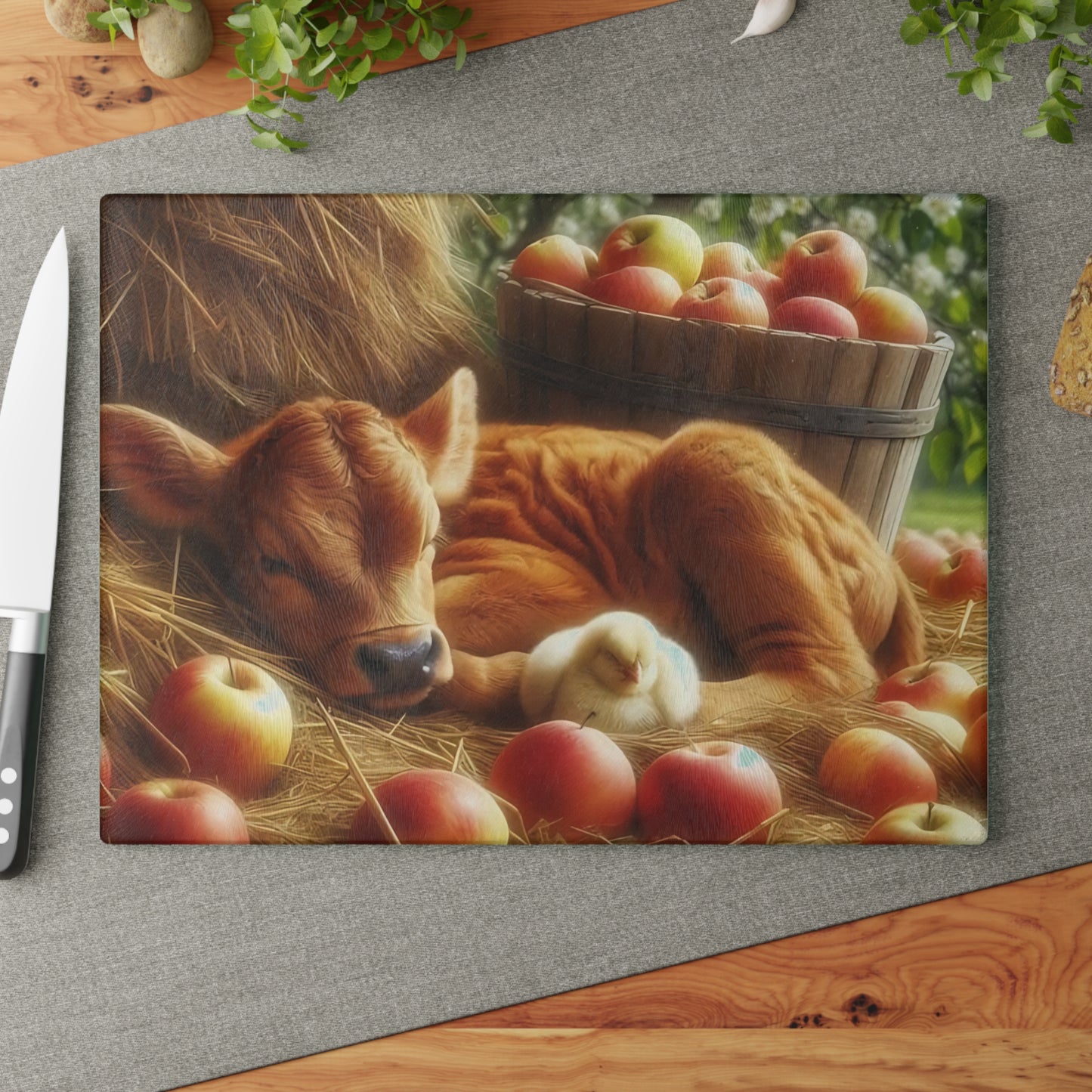 Tabla de cortar con diseño de vaca y pollito en heno con manzanas, regalo único, tabla de cortar de vidrio, tabla de charcutería, tabla de cortar personalizada