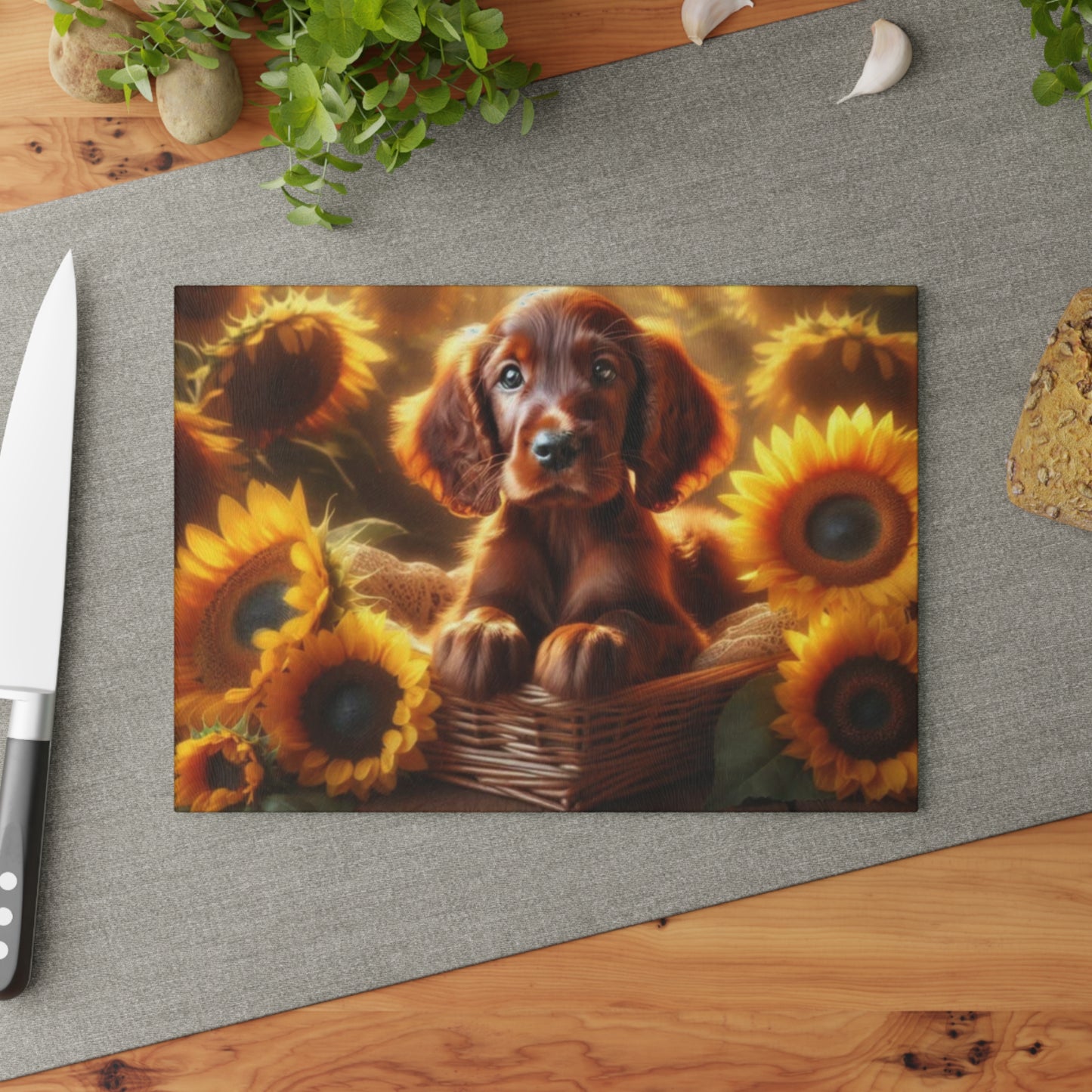 🐶🌻 Irish Setter Puppy & Sunflowers Cutting Board – Golden Glow Meets Puppy Charm