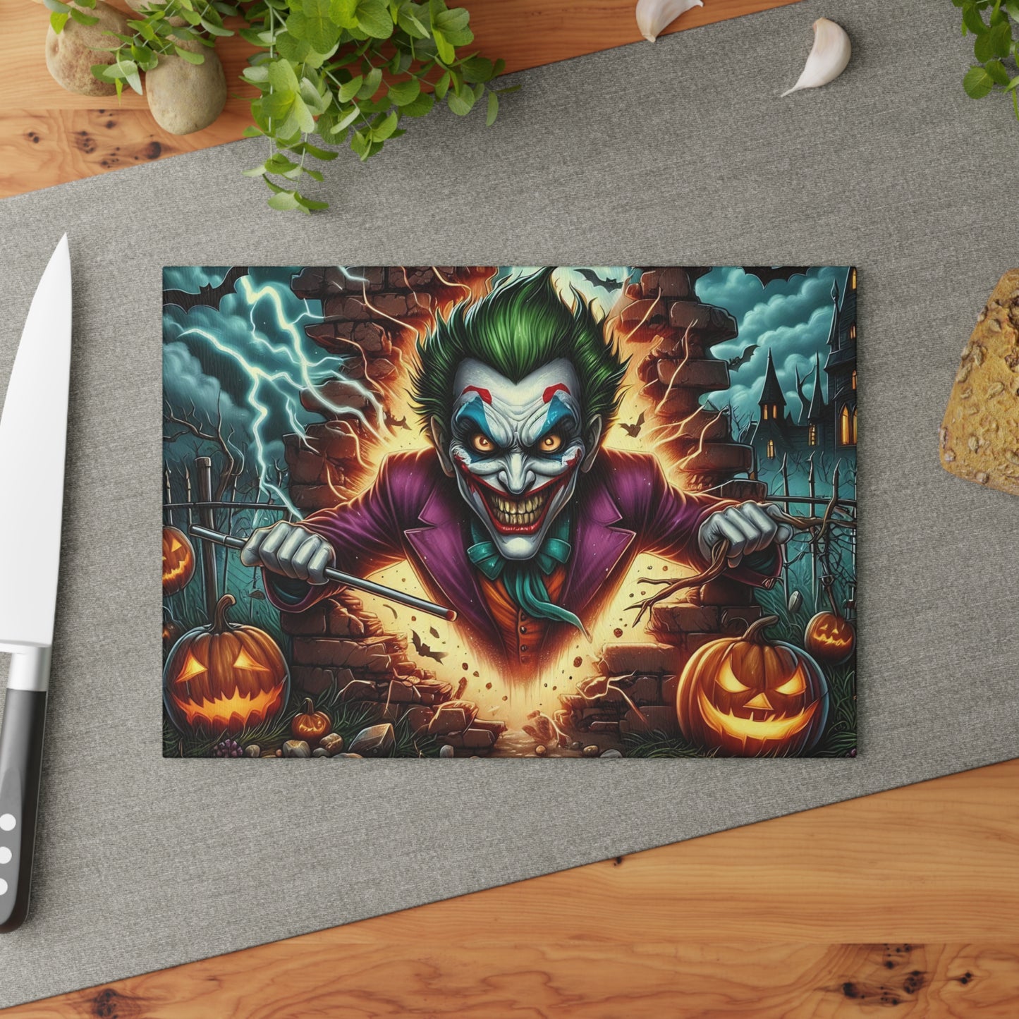 🎃 Sinister Clown Explosion Cutting Board – Halloween Mayhem with Pumpkins, Lightning & Haunted Vibes 💥💀