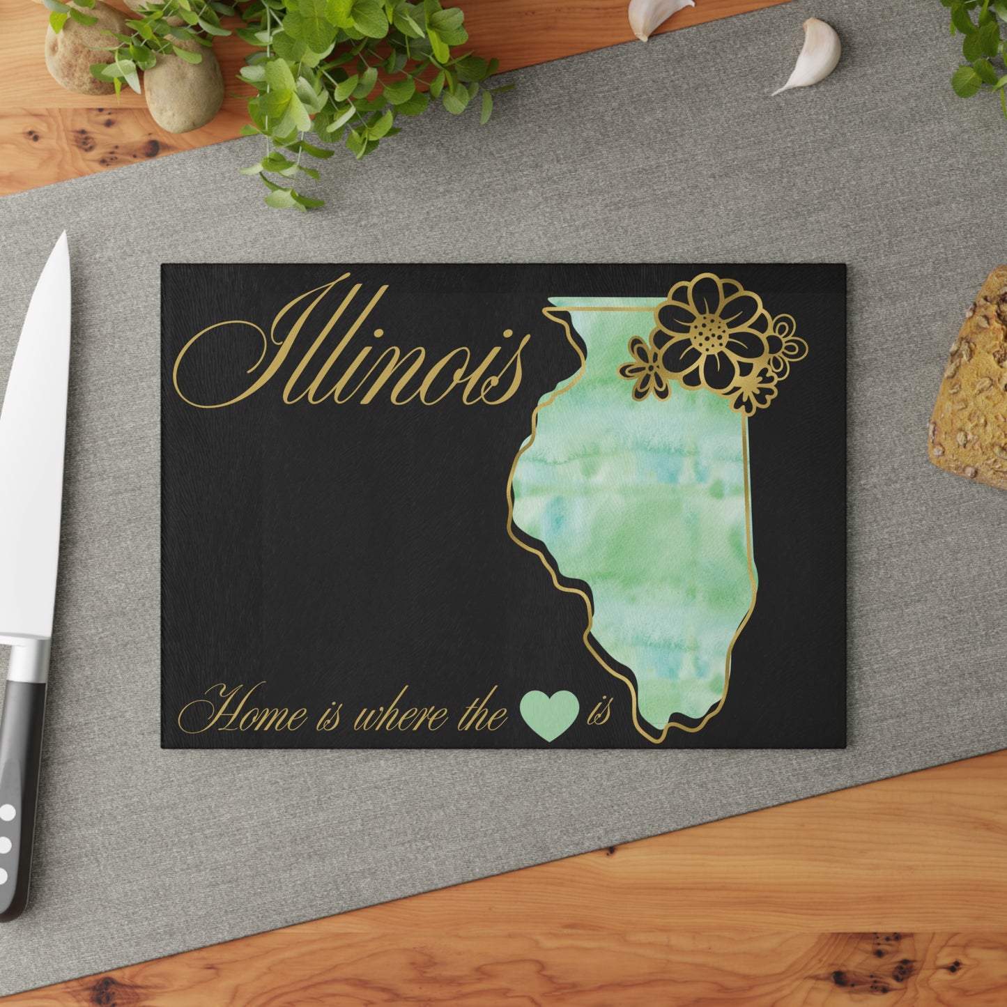 💚 Illinois State Cutting Board – Soft Watercolors & Midwest Heart