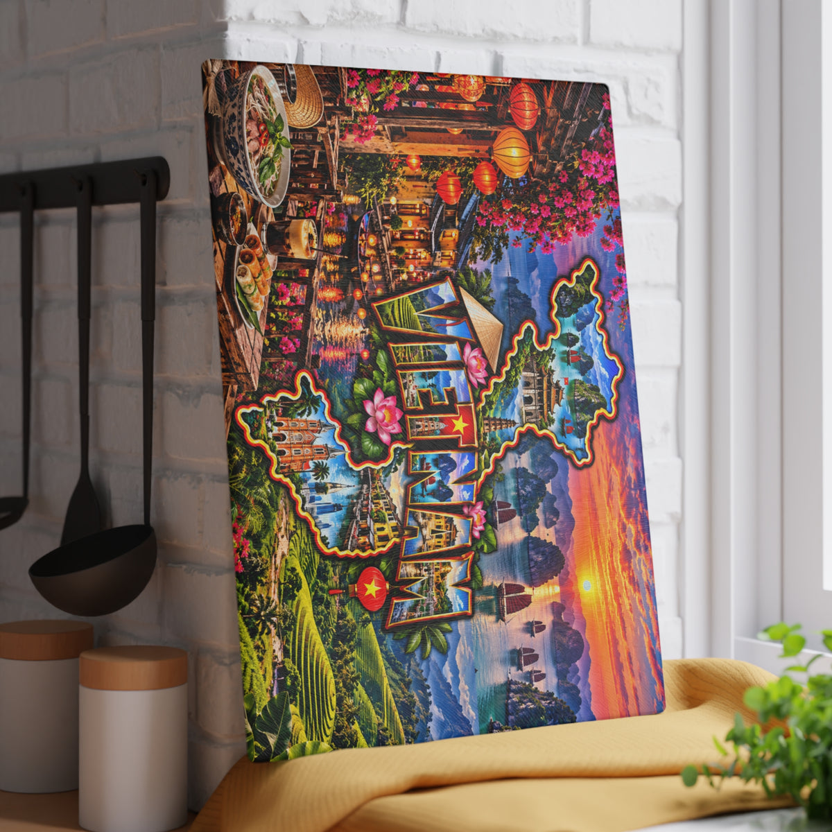 Vietnam Map Cutting Board – Colorful Ha Long Bay, Lantern-Lit Hoi An, Rice Terraces, Lotus Flowers & Vietnamese Kitchen Décor